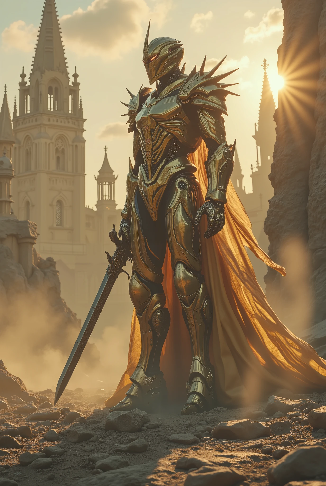 (extremely detailed, masterpiece, best quality, high resolution, best lighting, high impact),(celestial background, paladin,(undead),celestial light on your back, vivid green grass, yellow flowers),(ingots , glowing halo, gold background),(top view), golden lighting, serene ambience.