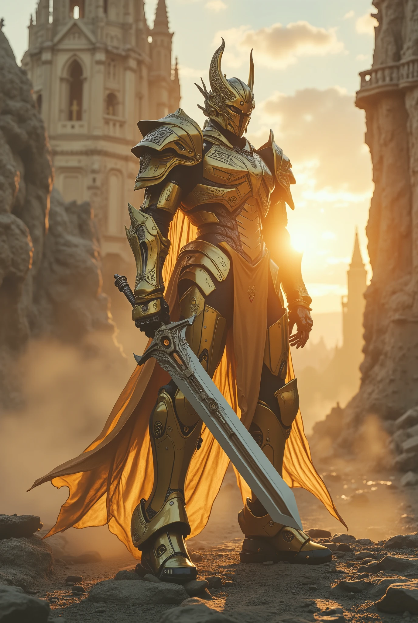 (Masterpiece, ultra-realistic, 32k, best quality, hyper-detailed, cinematic lighting, reversal film photography, film grain, filmfotos, intricate textures, photorealistic, dramatic composition, immersive depth, trending on ArtStation)

(Sci-fi cinematic scene, beautiful tơn, shattered stone monoliths, gothic-mechanical fusion, cybernetic decay, divine yet war-torn ambiance. Sunrise light pierces the dust-filled air, white and pink halos casting ethereal flares, embers drifting in the solemn silence. Scene: Epic Dramatic cinematic scene, Realistic Lighting, Grimmdark, darktale, machanical. . High angle loooking down shot from the top, wide view. Inside the Valley, located the huge dark tone stone Gothic Cathedral, Byzantine Gothic medieval Palace style, Ornate and doom tower. Some Lighting windows on the castle and Lighting Torchs around.)

(A titanic Mechanical OPTIMUS PRIME statue Located in the square, in front of the Cathedral, armored in gilded plating, massive cybernetic  body, intricate metal annulus above its head emitting radiant golden beams. Ancient yet futuristic, glowing cybernetic runes pulse along its frame, exuding divine authority. Its reinforced plating bears intricate engravings catching the golden light, blending religious iconography with cold mechanical efficiency.)

(Armed with giant Mech sword, unwavering presence, standing as a forgotten guardian of a ruined world. Dynamic wide-angle shot, volumetric lighting, high-contrast, deeply atmospheric, awe-inspiring and foreboding.)
