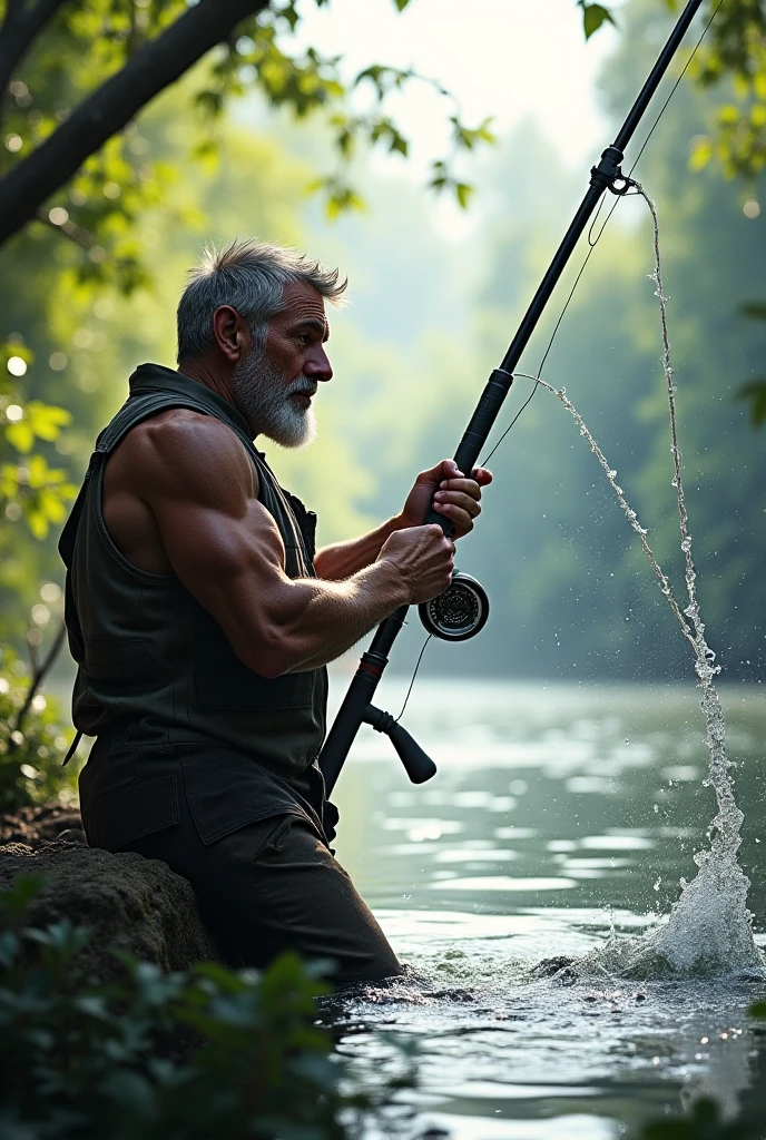 A fisherman clipart without clothes half way in the water, stands in water and water is to his chest, and fishing. The fisherman stands 90 degree on teh side and non facing to camera. The water is very clear can see everything.