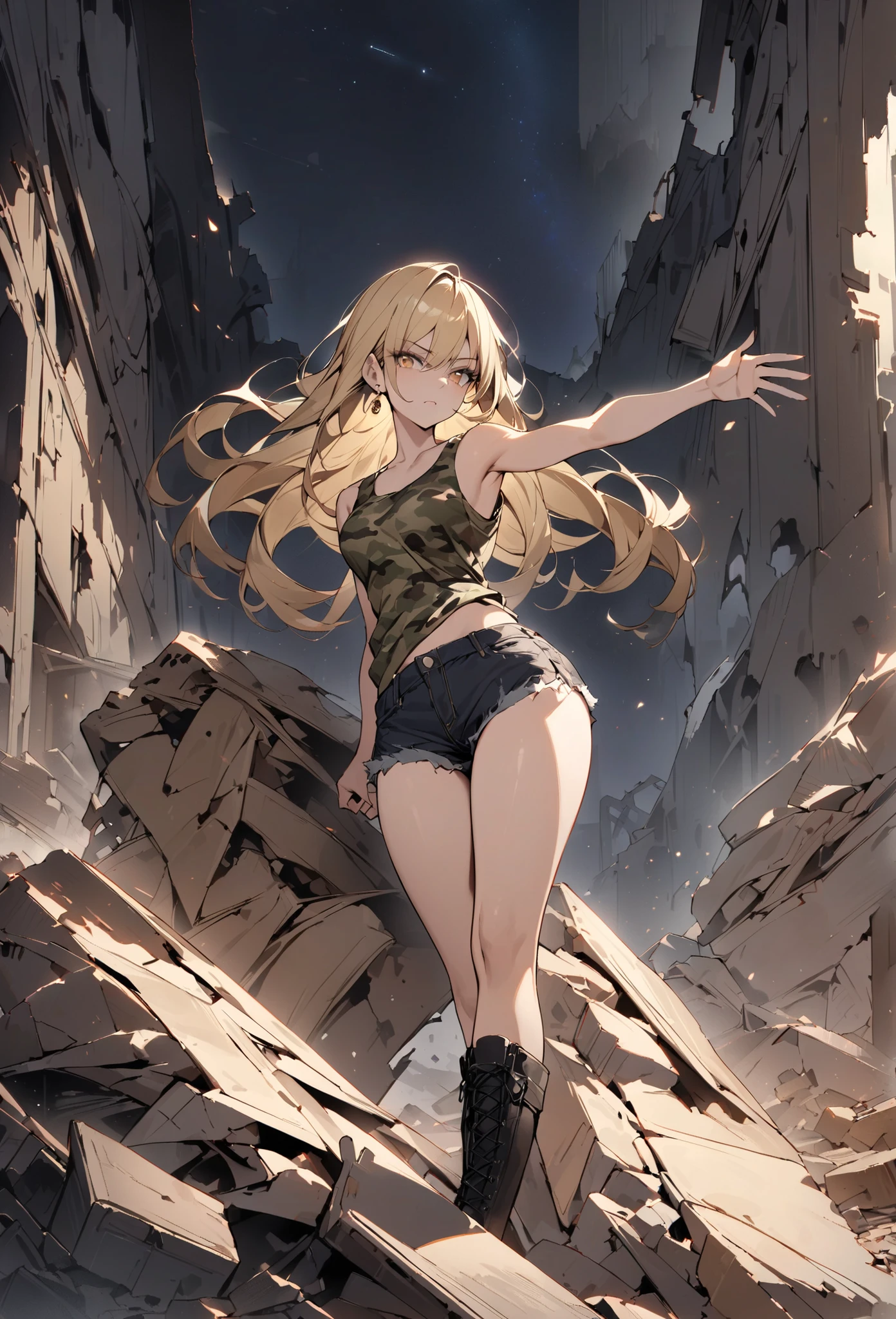 ((greatest masterpiece,Super high quality:1.2)),(super resolution),(solo),cowboy shot(front),night,Slender, slender female high school student holding a shooting pose in ruins,beautiful face,(long blonde hair),perfect golden eyes,staring at you,serious expression,high quality camouflage tank top,high quality black denim shorts,high quality black military boots,gold earrings