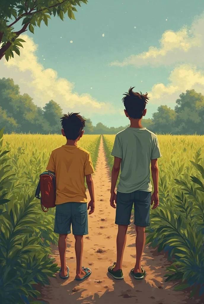 Two friends, Rohan and Kabir, walking home from school during the evening. They are engaged in conversation as they walk along a dirt road. The sun is setting, casting a warm glow on the scene. Tall, lush green trees with large leaves surround them, creating a serene and picturesque atmosphere."