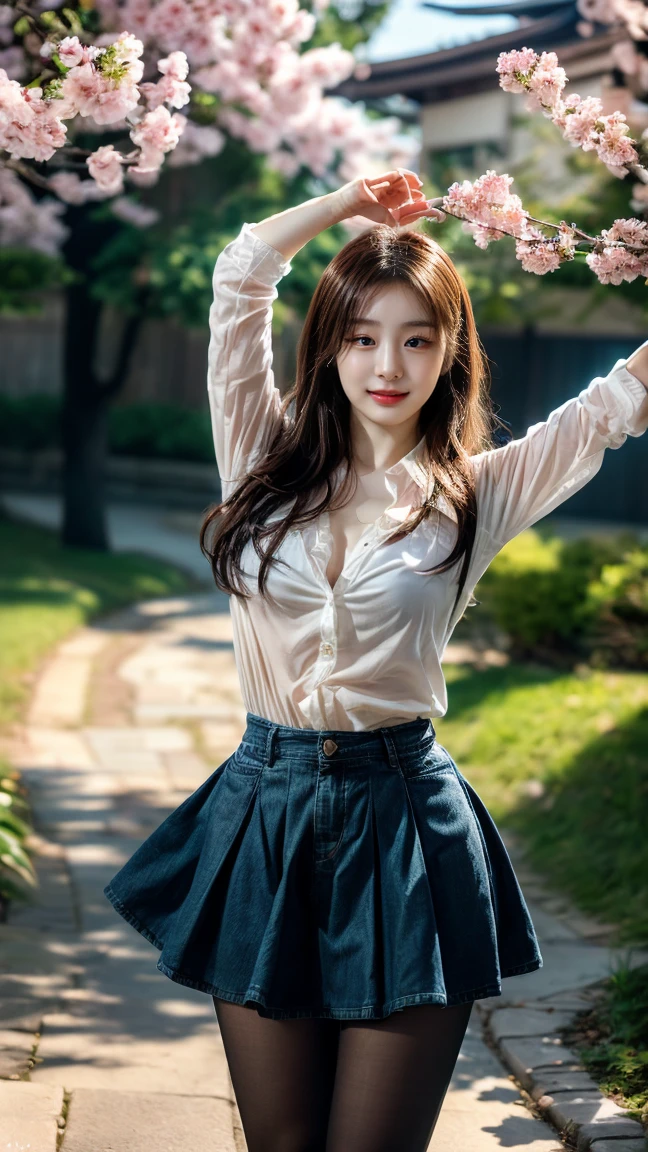 An ultra-high picture quality、Perfect Photo、14Old Beautiful Girl、Japan beautiful girl、Female college student、light skinned、slender、Beautuful Women、(((The shirt)),((Denim Mini Skirt))、Raised mini skirt、crouch down、