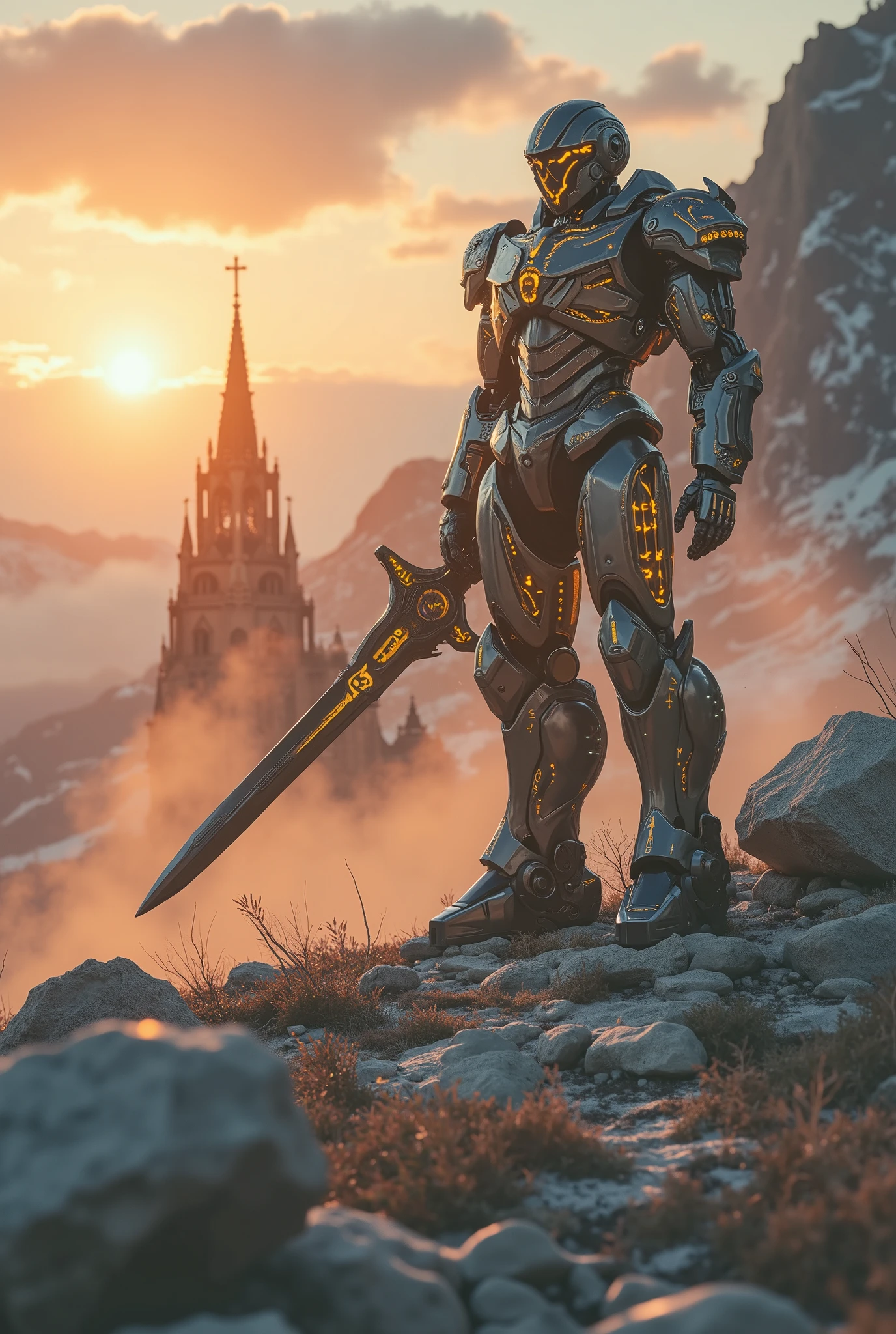 (Masterpiece, ultra-realistic, 32k, best quality, hyper-detailed, cinematic lighting, reversal film photography, film grain, filmfotos, intricate textures, photorealistic, dramatic composition, immersive depth, trending on ArtStation)
(Sci-fi cinematic scene, post-apocalyptic wasteland, shattered stone monoliths, gothic-mechanical fusion, cybernetic decay, divine yet war-torn ambiance. Sunrise light pierces the dust-filled air, warm orange and pink halos casting ethereal flares, embers drifting in the solemn silence. Grimmdark, darktale, machanical. The snow storm mountain valley background, dramatic sky. High angle loooking down shot from the top, wide view. Inside the huge dark tone stone Gothic Cathedral, Byzantine Gothic medieval Palace style, Ornate and doom tower. Some Lighting windows on the castle and Lighting Torchs around The defensive wall. The Castle lighting windows, some Guard fire tower along the wall.)
(A titanic Mechanical OPTIMUS PRIME Located outside the Cathedral square, armored in gilded plating, massive cybernetic body, intricate metal annulus above its head emitting radiant golden beams. Ancient yet futuristic, glowing cybernetic runes pulse along its frame, exuding divine authority. Its reinforced plating bears intricate engravings catching the golden light, blending religious iconography with cold mechanical efficiency.)
(Armed with giant Mech sword, unwavering presence, standing as a forgotten guardian of a ruined world. Dynamic wide-angle shot, volumetric lighting, high-contrast, deeply atmospheric, awe-inspiring and foreboding.)