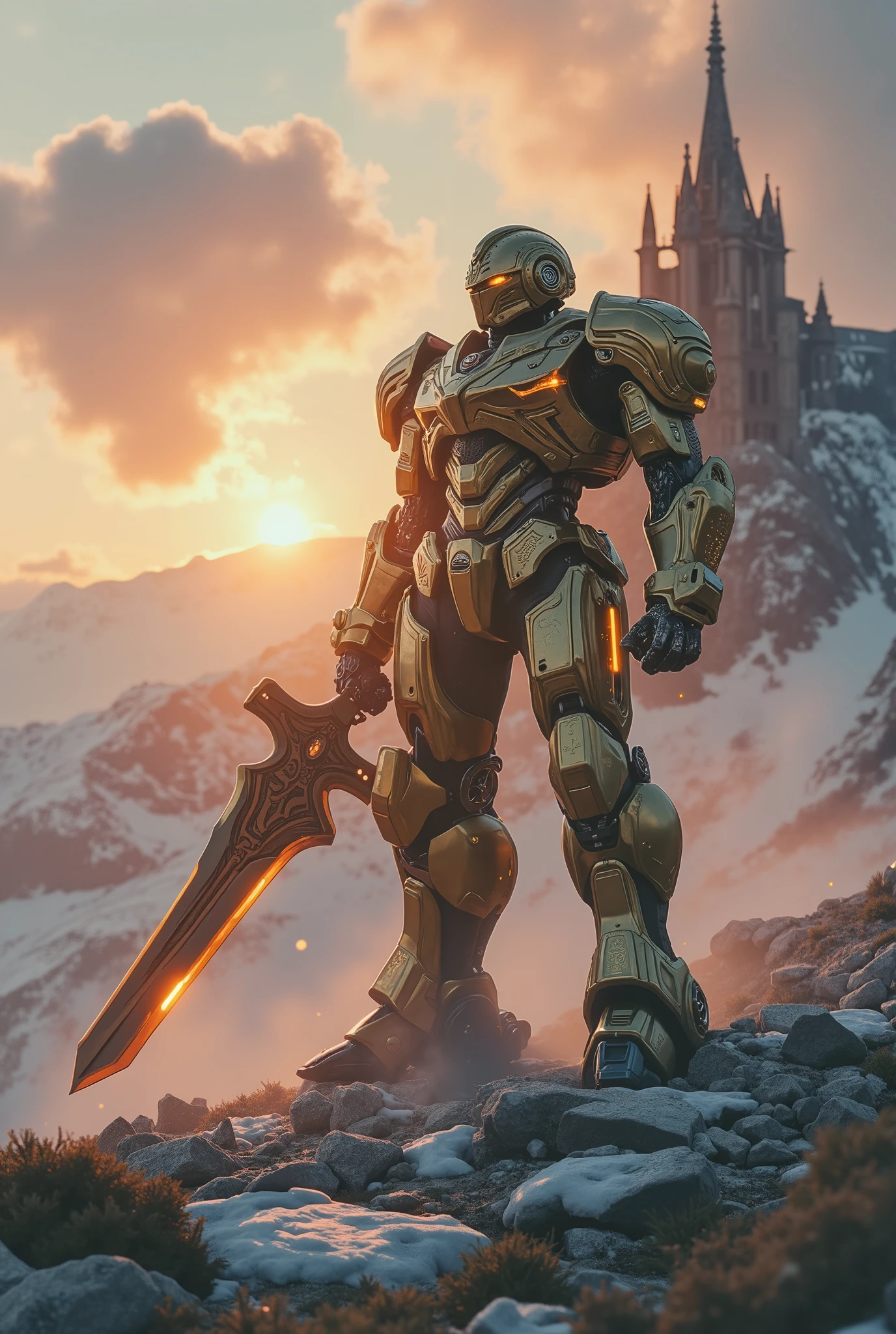 (Masterpiece, ultra-realistic, 32k, best quality, hyper-detailed, cinematic lighting, reversal film photography, film grain, filmfotos, intricate textures, photorealistic, dramatic composition, immersive depth, trending on ArtStation)
(Sci-fi cinematic scene, post-apocalyptic wasteland, shattered stone monoliths, gothic-mechanical fusion, cybernetic decay, divine yet war-torn ambiance. Sunrise light pierces the dust-filled air, warm orange and pink halos casting ethereal flares, embers drifting in the solemn silence. Grimmdark, darktale, machanical. The snow storm mountain valley background, dramatic sky. High angle loooking down shot from the top, wide view. Inside the huge dark tone stone Gothic Cathedral, Byzantine Gothic medieval Palace style, Ornate and doom tower. Some Lighting windows on the castle and Lighting Torchs around The defensive wall. The Castle lighting windows, some Guard fire tower along the wall.)
(A titanic Mechanical OPTIMUS PRIME Located outside the Cathedral square, armored in gilded plating, massive cybernetic body, intricate metal annulus above its head emitting radiant golden beams. Ancient yet futuristic, glowing cybernetic runes pulse along its frame, exuding divine authority. Its reinforced plating bears intricate engravings catching the golden light, blending religious iconography with cold mechanical efficiency.)
(Armed with giant Mech sword, unwavering presence, standing as a forgotten guardian of a ruined world. Dynamic wide-angle shot, volumetric lighting, high-contrast, deeply atmospheric, awe-inspiring and foreboding.)