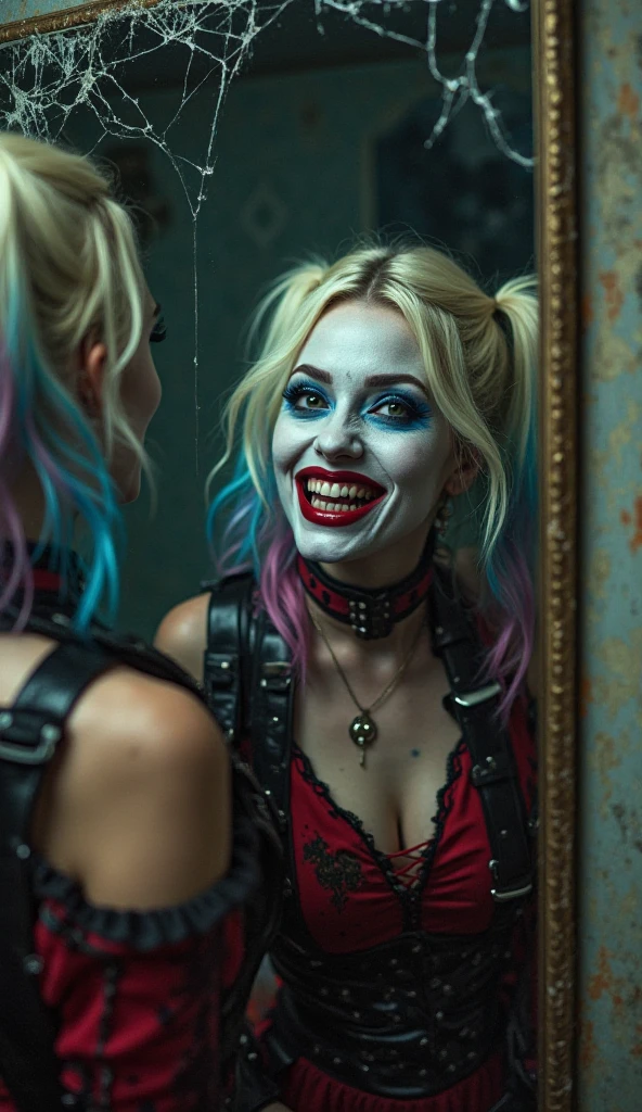 Harley Quinn, hanging upside down, her face next to a man's penis, he touches her face with his penis, she is screaming, her hand are handcuffed together, the man is pulling on her hair.