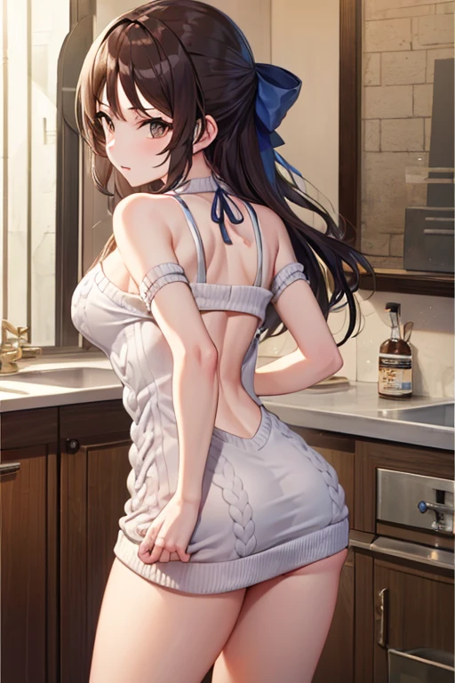 (from below:1.2),22 year old beautiful girl,Purplish blue eyes that dreamers desire,(Blonde hair) ,Longhaire,Twin-tailed,Braids, Hairline,small stature, (masutepiece:1.2, Best Quality),(finely detailed beautiful eye: 1.2),(beautifull detailed face),(perky chest:1.1),(pointed chest:1.2),(cakes magazine cover:1.5),(Best Illumination, extremely delicate and beautiful),sexy pose, in a bar counter,Ultra Contrast,Braid a little around the ears, White long dress, (very detailed),(Raw photo, highest quality),(realistic, Photoreal:1.3), high detail, very detailed complex 3D rendering of face, (very detailed skin:1.2), dynamic angle, fire glow effect, professional lighting, side light, cinematic light, a super high resolution, 8K , best shadow, particles of light, Fine skin texture, detailed face, intricate details, Super detailed, shine, Please reconsider, full body,, beautiful face, shiny skin, thin, nice companion, delicate body, thin legs, naked apron, ((crawl on all fours:0.9)), beautiful back, butt,little turn around, (A picture from a very little behind:0.7), bend the body, the skirt is floating in the wind:1.4, Dark purple panties, thin Pubic hair ,highest quality, high resolution, Real World, Natural light, perfect Natural Light,Realistic, (cute, perfect clothes,  cute: 1.3) ,narrow waist,(with sparkling eyes and a contagious smile), open mouth, looking at viewer,
