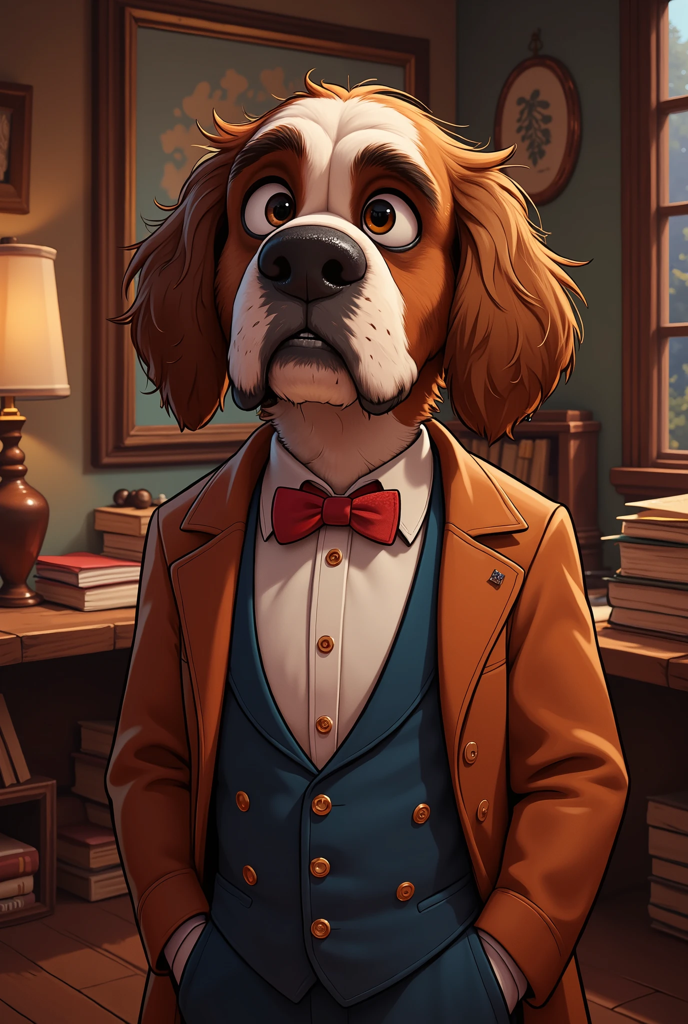 2-D art, cartoon style, old-school Disney, hand drawing, (best quality, masterpiece:1.2), side view, anthropomorphic, a Saint Bernard dog with short hair, wearing english smoking, office clerk, politics, a 1890s style, noire, simple lines, looking to camera, serteuse look, big expressive eyes, (natural textile texture, soft light, sharp:1.2), (intricate details:1.1), bokeh