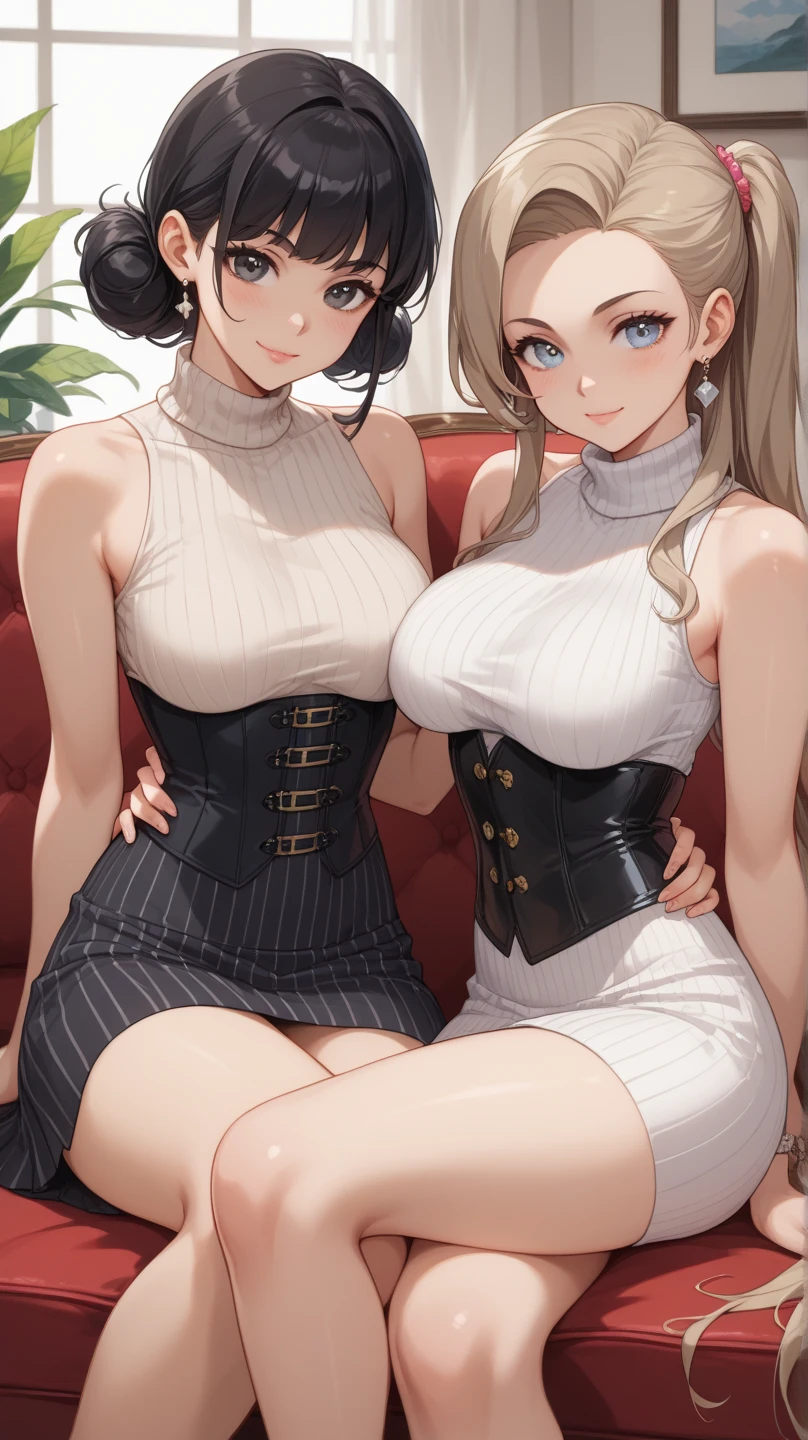 (Highest quality,High resolution,Pixel perfect,8K), (1 Girl:1.2), Beautiful woman,((Wavy mid-length hair, bangs, Brown Hair)), ((Brown eyes, Beautiful eyelashes, Realistic eyes)), ((Detailed face, blush:1.2)), ((Smooth texture:0.75, Realistic texture:0.65, Realistic:1.1, Anime CG Style)), Slender body, Medium Chest, Perfect body, (Earrings,necklace,Sleeveless turtleneck sweater,mini skirt, ((Skirt flip)), A shy smile, ((Her lacy panties are visible:1.1), (Multiple Views,Two views), (The sexy, beautiful girl next door:1.2), Inviting expression, Trying to take off my top