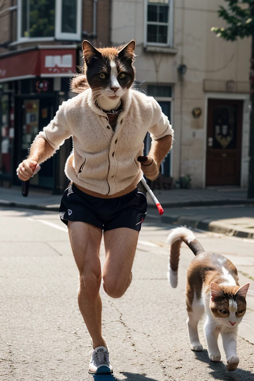 a cat is running, he is holding a fish, he is being chased by some people so he is afraid, this is a market scene and a close up footage of him