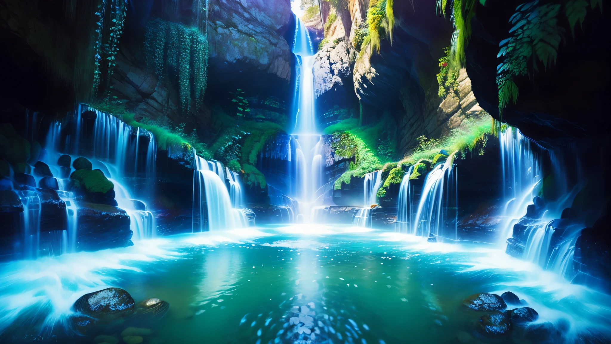 Majestic Atmosphere,Vast Sky,( very beautiful artistic watercolor painting ),Beautiful Nature ,beautiful sky from the light source\(( very elaborate and beautiful galaxy reflection:1.4)\),(Many waterfalls are lined up),There are waterfalls on both sides of the river,Lots of Flow,Glowing Moss,fantasy,twinkling mystical light ,reflection, quality\(8k, very detailed傑作, high resolution,top- quality,super realistic, increase resolution , RAW photo ,beste quality, very detailed \)