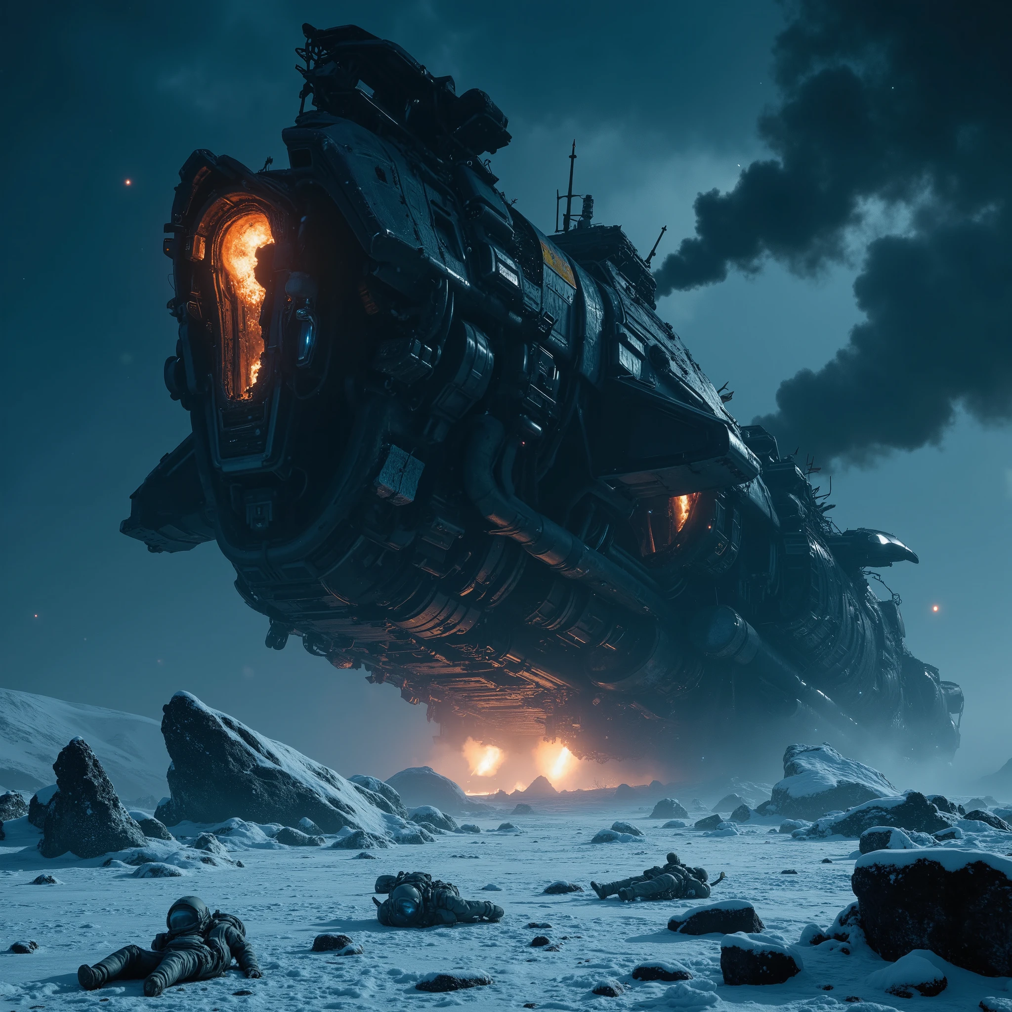 Highquality photorealistic belowview of the crumbled ruins of a threatening dark military spaceship crashed down onto a dark icy alien planet surface with bizarre rock and ice formations, broken into two halfs, partly deformed, full of big bumps, inmidst a snowstorm by night, blowing snow, heavy snowdrift, crashed metal structures, tubes and hoses, some flames and blue electric sparks between the ruins of the ship, thick clouds of black smoke rising out of the wreck. Several completely frozen astronauts in closed spacesuits and helmets are lying dead on the ground. ((((highly detailed)))), UHD, 16K