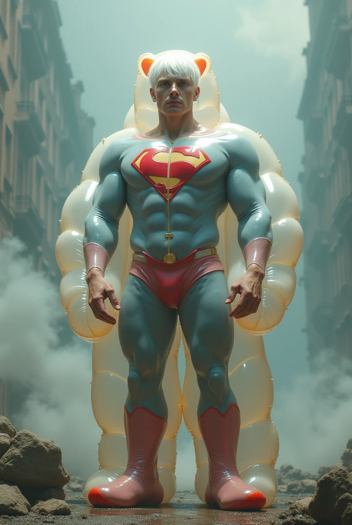 Superman, completely naked and without clothes, full body, with a cloud covering his bare penis, the cloud strictly in the low area of his body, covering his naked crotch, still showing the legs, completely naked, totally naked