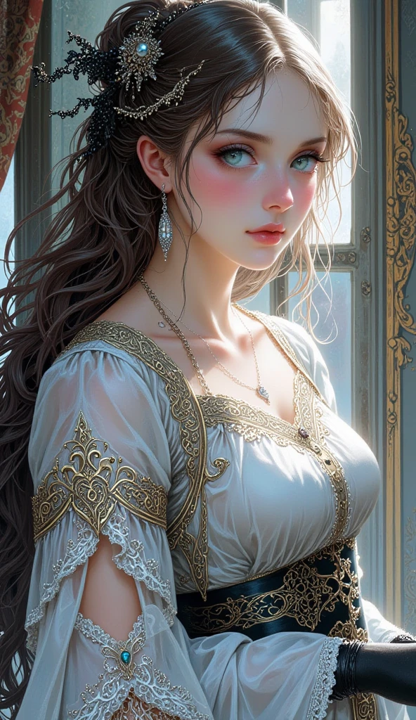 portrait Camila Cabello, wearing tulip costume, against the background of the window, character portrait, 9 3 9 0 s, curly hair, intricate, elegant, highly detailed, digital painting, artstation, concept art, smooth, sharp focus, illustration, art by wlop, charlie bowater and alexandra fomina, 36k, glittering, shining, correct anatomy