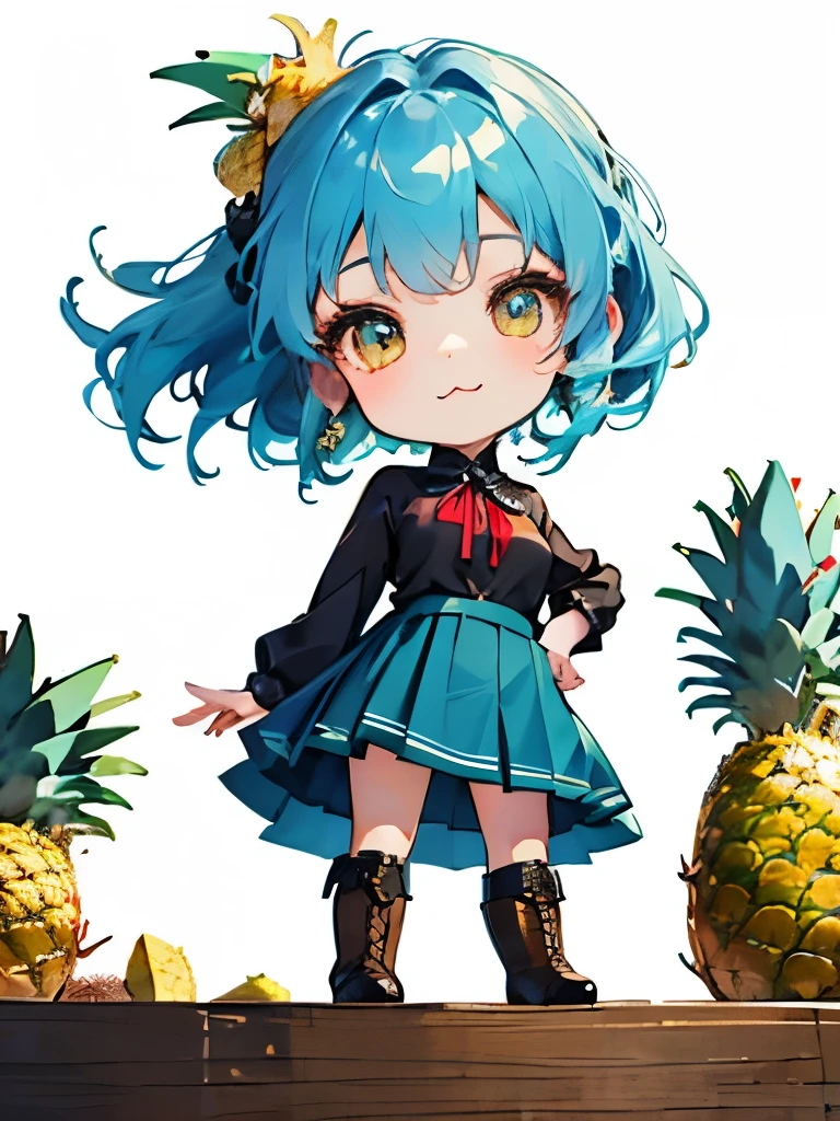 (masterpiece:1.2)、(Fresh Pineapple:1.5)、(Chibi Body、Xiaoyan、 light blue hair color、Short chignon hair、high definition eyes、golden eyes、Beautiful Breast Growth、:3、stupid hair:1.2)、(Carefully drawn fingers先、Beautiful human hand、Carefully drawn fingers、gloss々Skin、slender、thin thighs、thin legs)、(Cargo Skirt、Boyish Style、 to close、 black blouse、Short Boots:1.4)、(Lovely autumn scenery、Chibi Gal、angle from below、Worldview and Background Suitable for People:1.2)、lucky sketch