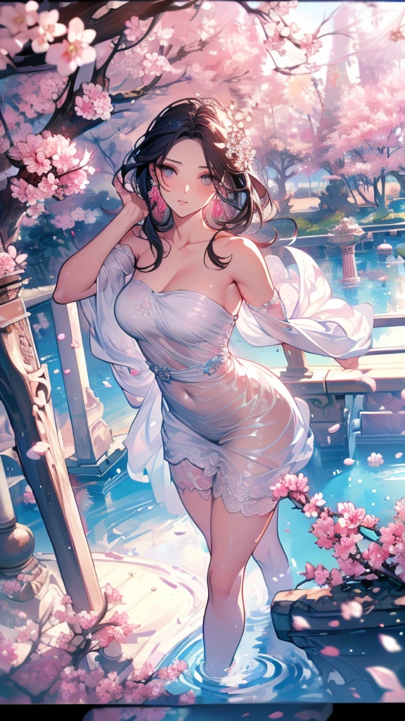 Nsfw、No clothes、nude、(girl:1.5),race,ribbon,(masterpiece, side light, Beautiful detailed gray eyes: 1.2), Medium chest, realistic, shining eyes,shiny hair,black hair,long long hair, Glossy skin, alone, embarrassing,exquisite,beautifully,garden,flowers,flying petals, barefoot, Cherry Blossom, cinematic light, cinematic composition, rich expression、smile