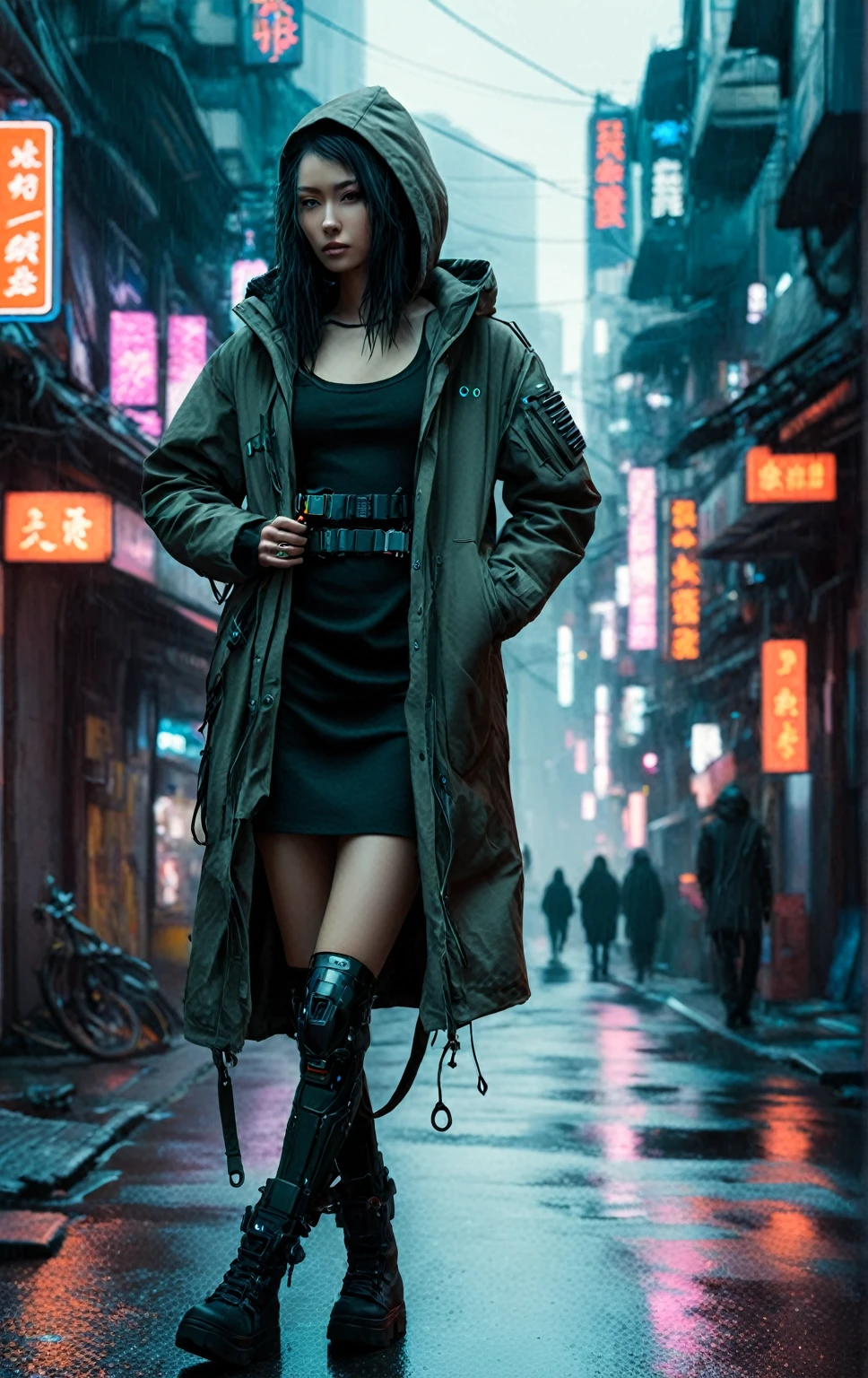 A cyberpunk woman，stands on a cyberpunk street，and the mechanical structure on the body is clearly visible，Wearing a parka