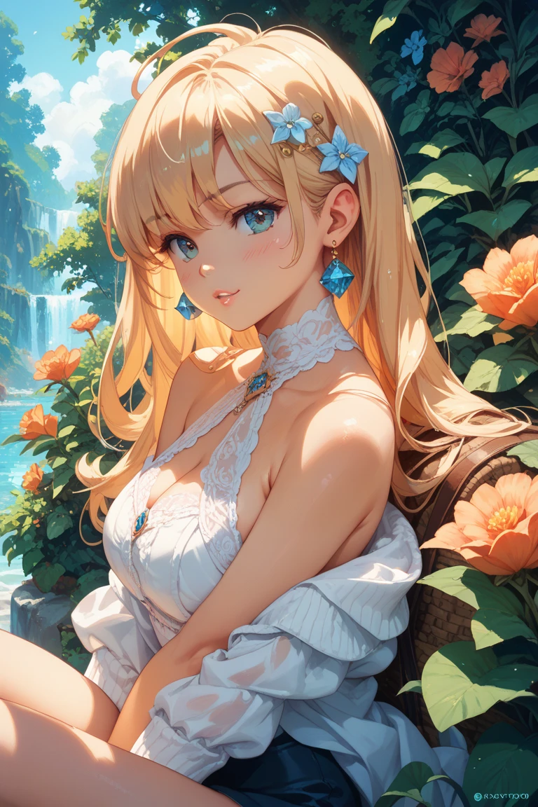 anime style, outdoors, 1 woman, blonde hair, ((detailed beautiful blue eyes)), (luscious lips), ((perfectly detailed gorgeous face)), ((huge round breasts)), ((perfect sexy body)), white ((camisole)), ((white flower crown)), ((downblouse)), cleavage, sitting on bench, facing viewer, making eye contact.