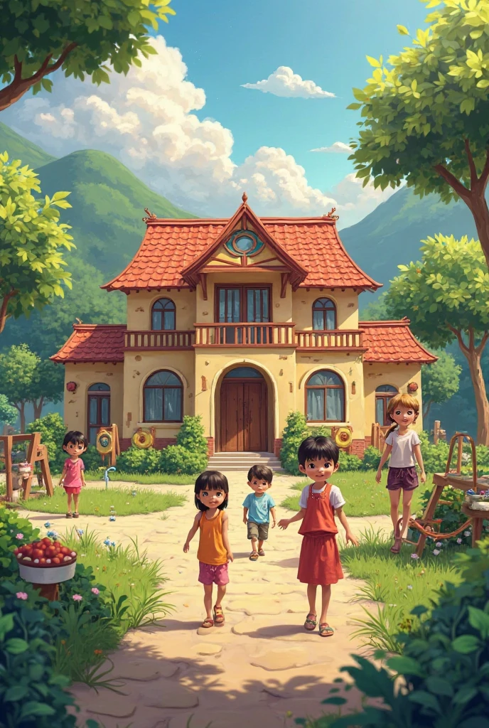 (Masterpiece),(Top Quality),(Super Detail),(Telegraph:1.2), Child, Cute, Smile, 2 boys aged 8 and 2 girls aged 8, Troublemaker, Children Climbing Trees, Jack and the beanstalk, Modern Korean, Black hair,