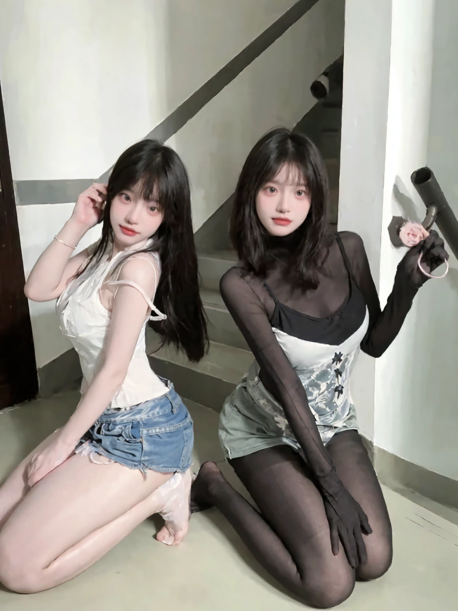 Two Korean twins, with a baby doll tattoo on her arm, and the other twin has a tattoo on her torso, both are wearing high heels, showing off her beautiful legs and her dress, being submissive