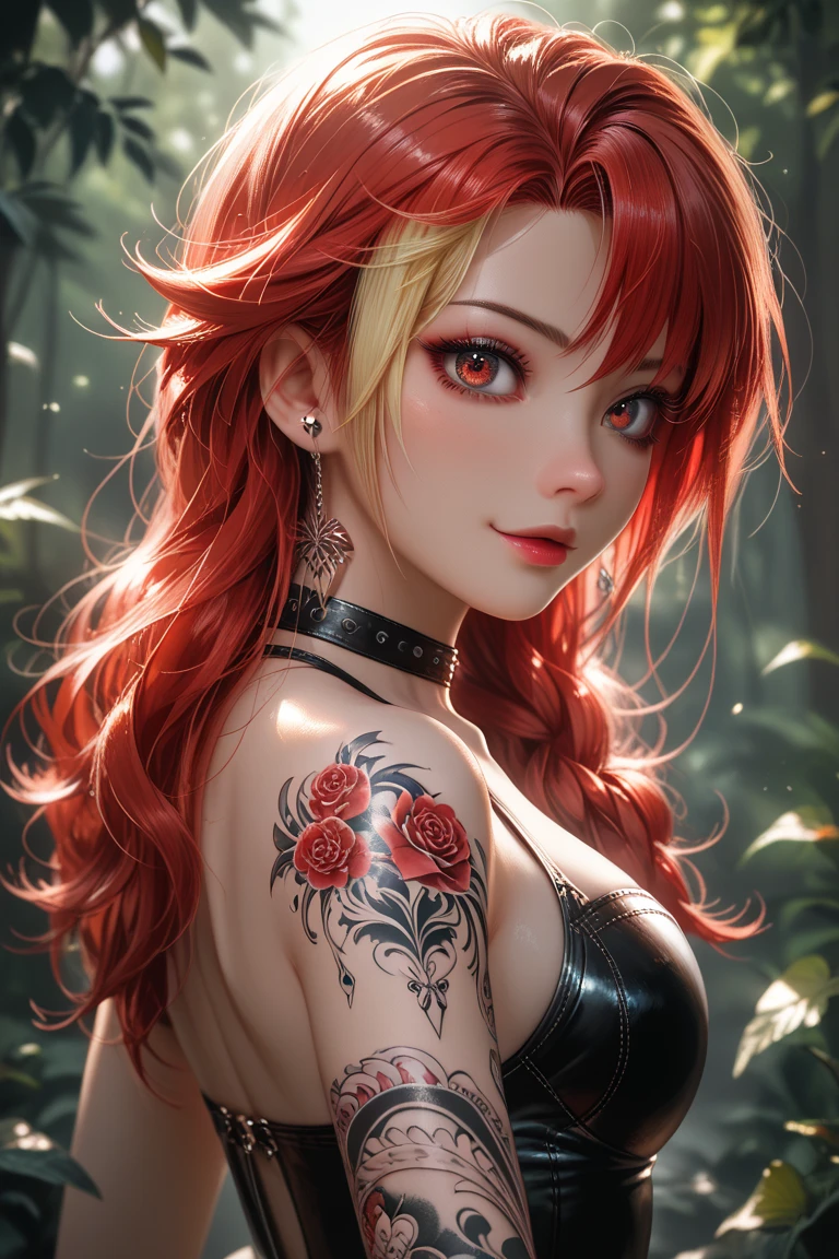 Photorealism, anime girl, vampire, with red hair, red dress, blue eyes, glowing, flowerpunk, samuraipunk, iridescent, bioluminescent, tattoopunk, hyper - detailed vibrant cinematic raking light, stunning, subsurface scattering, ambient occlusion, chromatic aberration, 8k