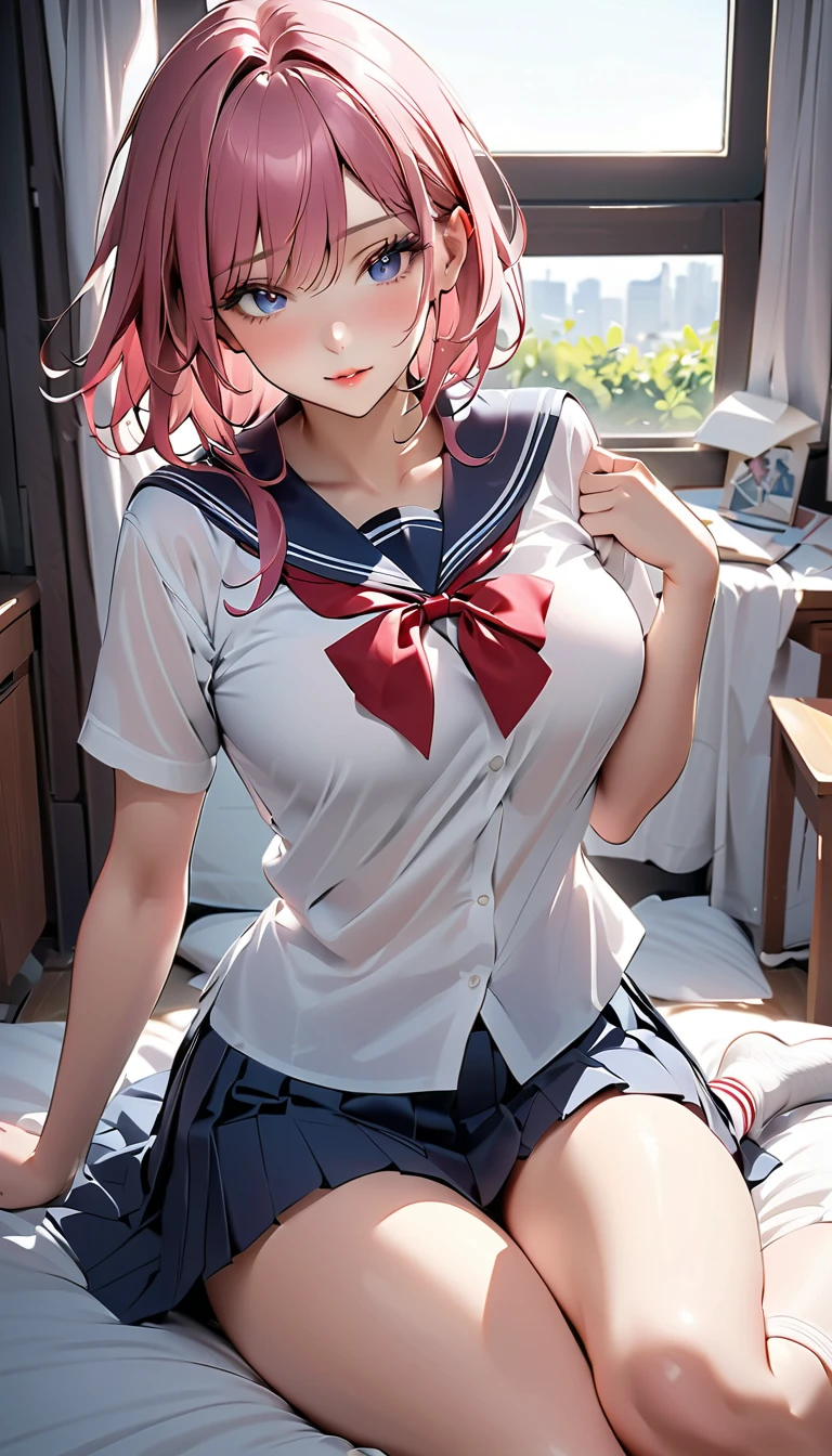 Beautiful illustration、top-quality、 s、Bedroom、A pink-haired、length hair、(((Pink pleated skirt)))、(((pink sailor suit)))、shortsleeves、Colossal tits、a navel、Flipping up the skirt with your hands、Show white panties、Pull up your skirt and show your panties、bare-legged、blue eyess、on the beds、lovely thighs、glowing thigh、Peeking from below