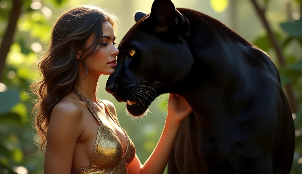 photo of a stunning white girl, She is surrounded by an iridescent aura, black short robe with with golden lace , She is leaning on a panther., temple, torches on the walls, Roman pillars, sexy, brunette. large breast