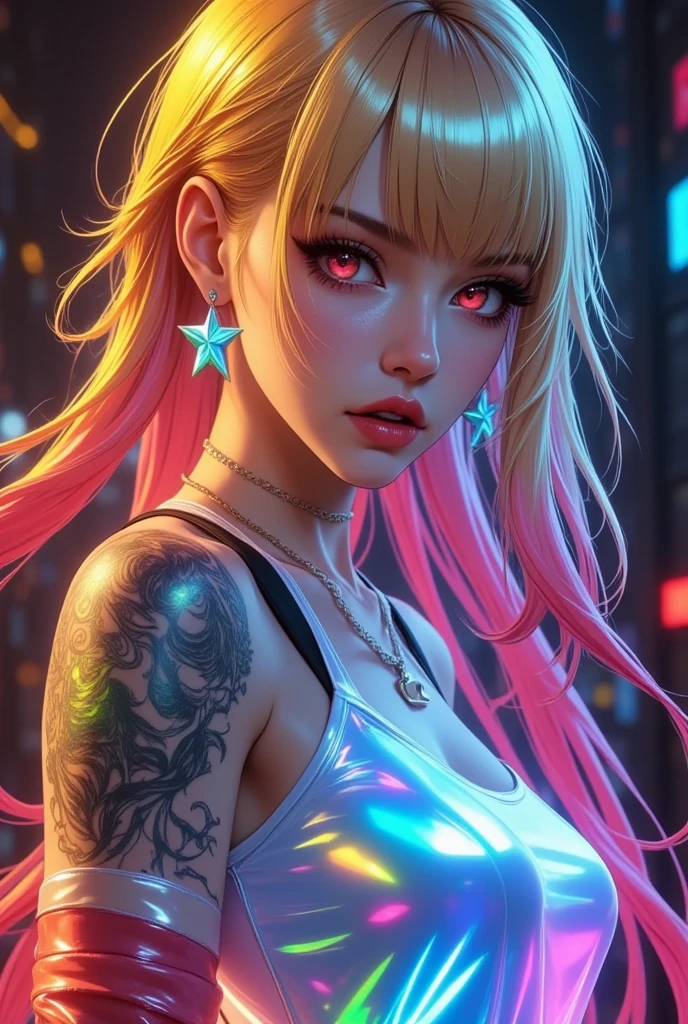 (masterpiece, top quality, best quality, official art, beautiful, cosmic, atmospheric, psychedelic, dreamlike and aesthetic, swirling psychedelic cosmic graffiti patterns:1.2), (1girl), extreme detailed,(fractal art:1.3),colorful,highest detailed, "(Best Quality, 8K, 32K, masutepiece:1.3), Ultra-detailed, (Photorealistic:1.4), pink and white colors, perfect color scheme, albino, Punk rock Girl, Detailed moonlight eyes, full body portrait, Luxurious neon white punk hair, Edgy Harajuku-inspired punk rock fashion, super huge enormously gigantic tits, cleavage showing, Avant-garde makeup, Numerous piercings, Heavily tattooed body, swirling psychedelic cosmic dreamlike graffiti pattern background