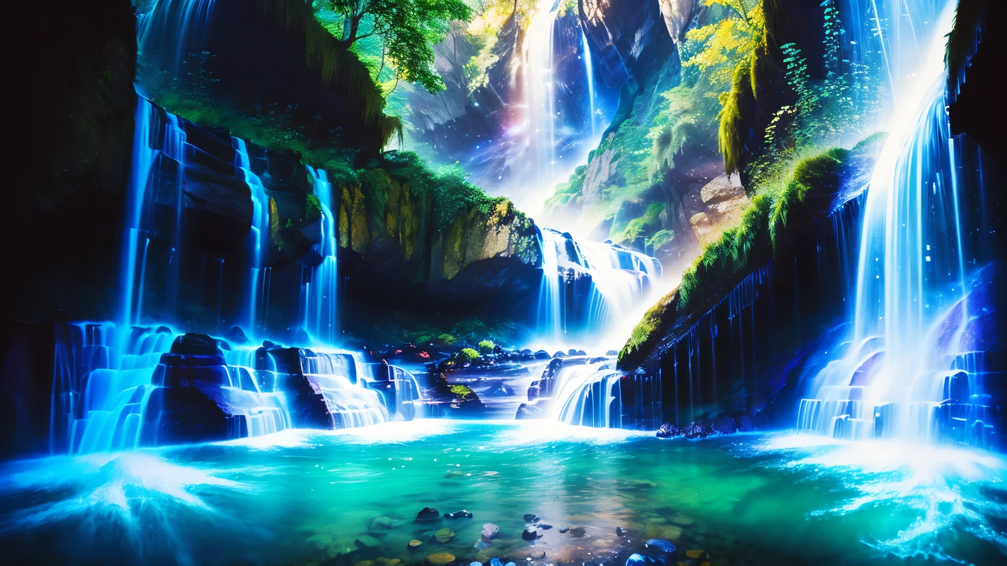 Majestic Atmosphere,Vast Sky,( very beautiful artistic watercolor painting ),Beautiful Nature ,beautiful sky from the light source\(( very elaborate and beautiful galaxy reflection:1.4)\),(Many waterfalls are lined up),There are waterfalls on both sides of the river,Lots of Flow,Glowing Moss,fantasy,twinkling mystical light ,reflection, quality\(8k, very detailed傑作, high resolution,top- quality,super realistic, increase resolution , RAW photo ,beste quality, very detailed \)