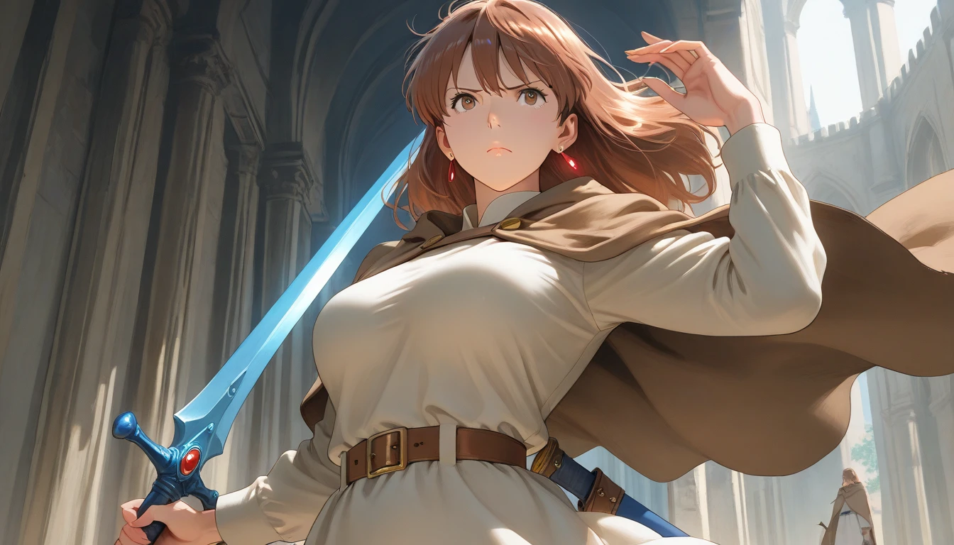 Adult female, dark fantasy, very short brown hair, red eyes, cleric, black on white cleric robes, blushing, angry, dungeon, pointing, running, highly detailed, high quality, anime