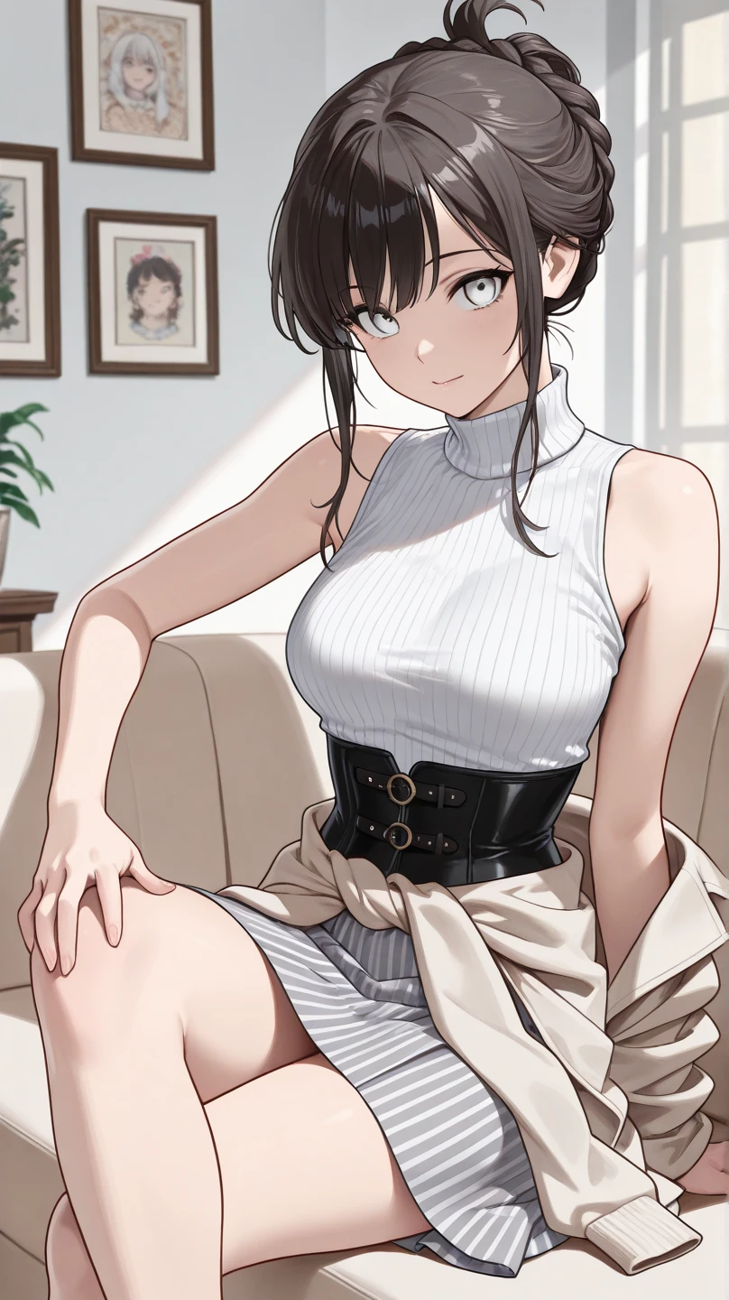 masterpiece!!, detailed eyes!!, best quality, highly detailed, intricate details, absurdres, hyperdetailed, at home, ((muscular female, turtleneck, sweatpants, tired, dark circles under eyes)), (solo female:1.4)