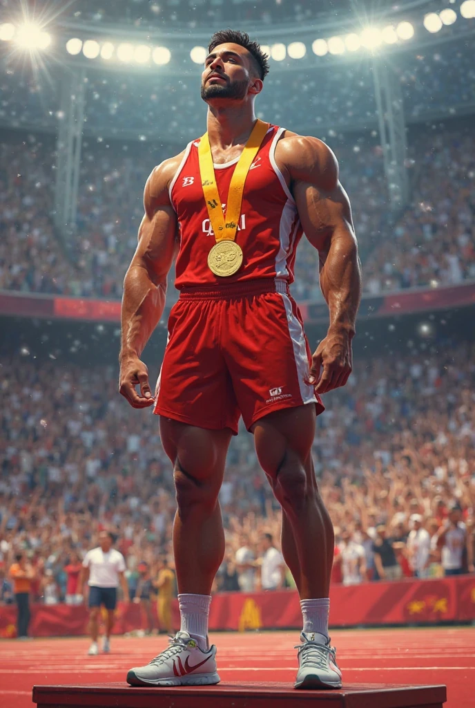 Louis Zamperini, born in 1917, stands tall as a young athlete prodigy in 1930s attire, exuding confidence at the Berlin Olympics of 1936. The meticulously recreated stadium of the era surrounds him, with a crowd of spectators in period clothing cheering in the background. The photo-realistic depiction captures the intensity of the Olympic competition. --auto --s2