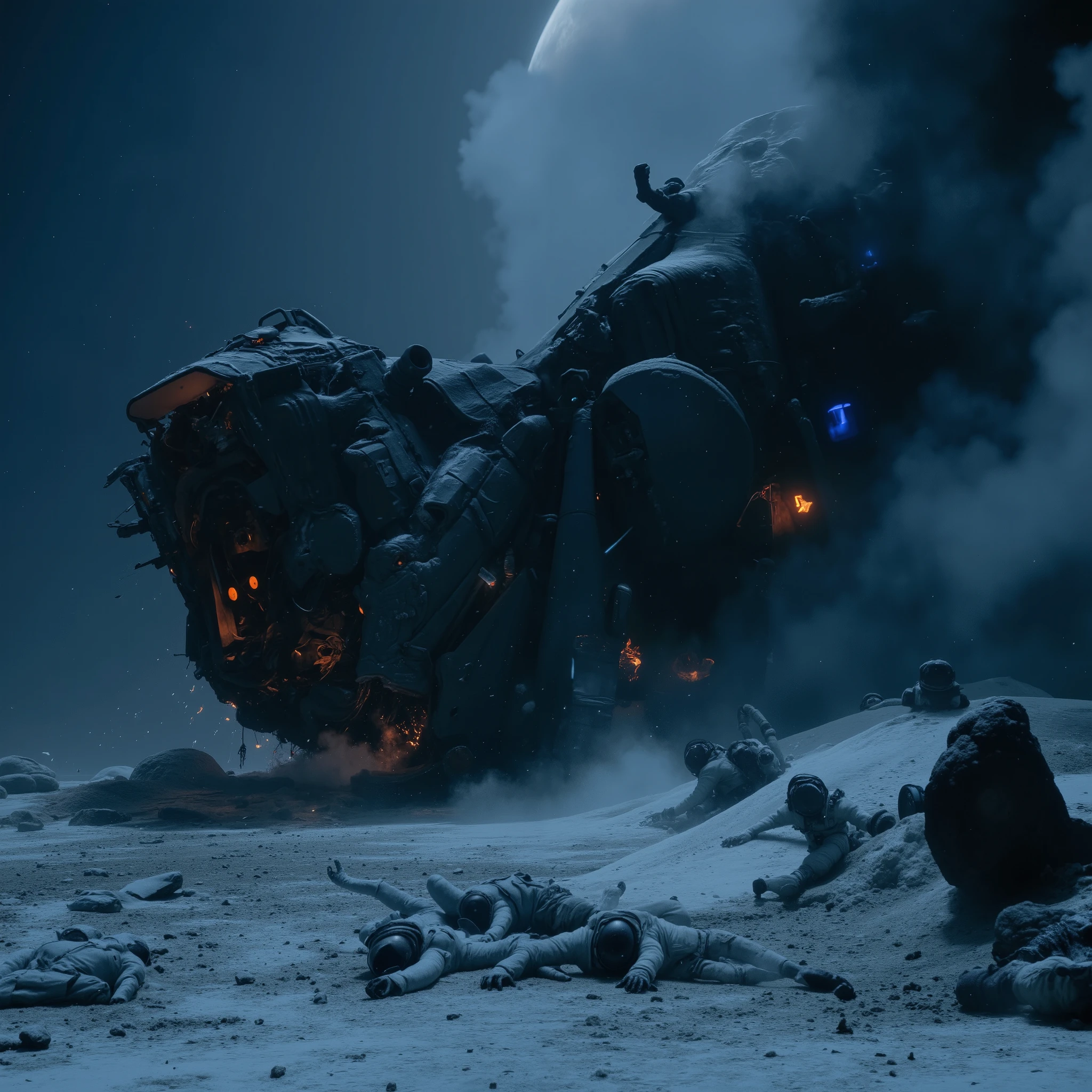 Highquality photorealistic belowview of the crumbled ruins of a threatening dark military spaceship crashed down onto a dark icy alien planet surface with bizarre rock and ice formations, broken into two halfs, partly deformed, full of big bumps, inmidst a snowstorm by night, blowing snow, heavy snowdrift, crashed metal structures, tubes and hoses, some flames and blue electric sparks between the ruins of the ship, thick clouds of black smoke rising out of the wreck. Several completely frozen astronauts in closed spacesuits and helmets are lying dead on the ground. ((((highly detailed)))), UHD, 16K