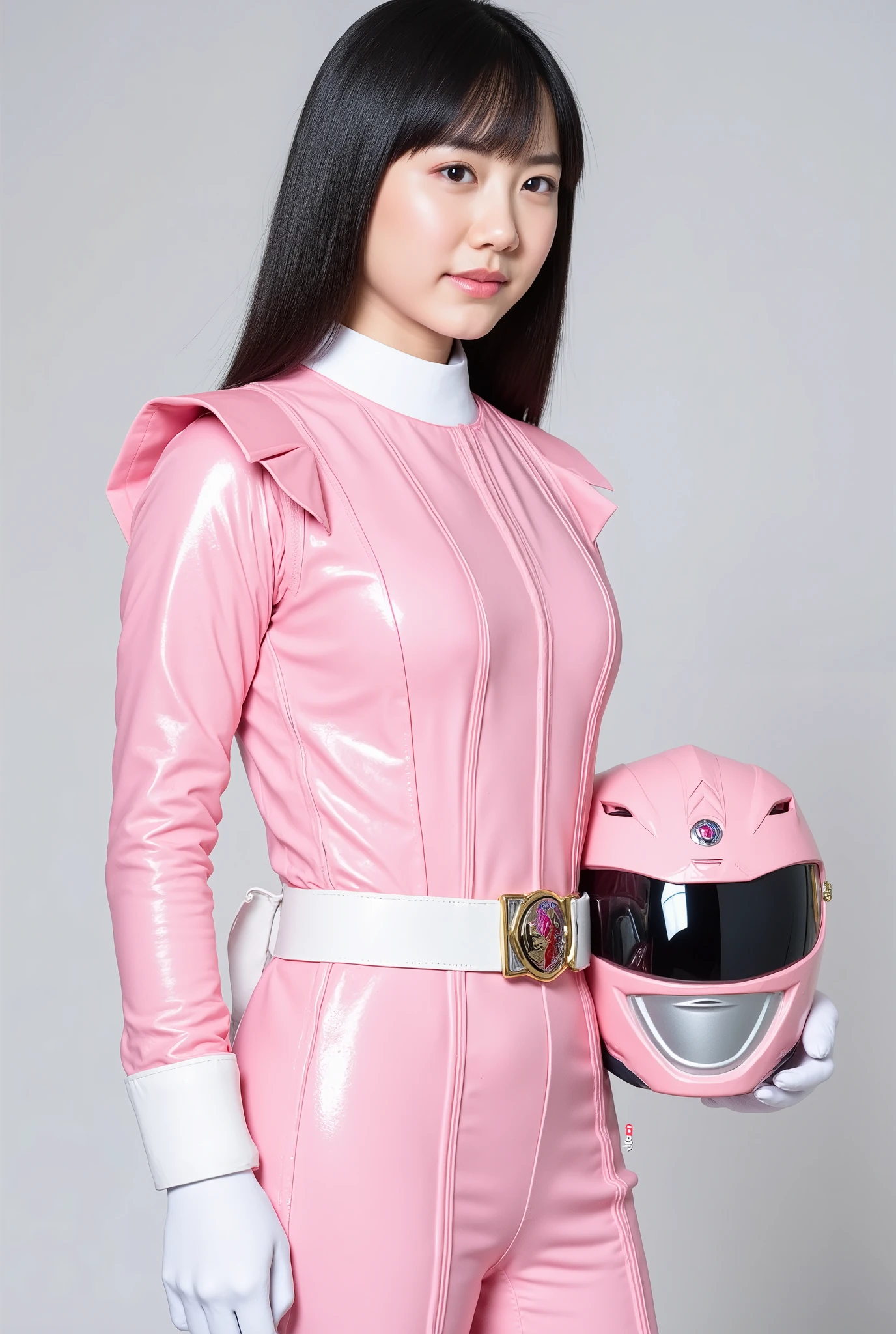 one girl drinking bubble tea,realistic, sharp concentration, ultra realistic photo, high resolution, alone, full body photo, realistic ((Power Rangers pink)) Costume. tight bodysuit for combat,Enamel、Glossy feel((Power Rangers )). holding a helmet next to the body. A BEAUTIFUL YOUNG WOMAN, European Russian young women holding helmets next to their bodies、white gloves. Black Shouldered Hair 、small breasts. Standing position from head to knee . side view from the front . half Side pose. Back pose. Side pose. full body view. boots. (Power Rangers )、chest opened