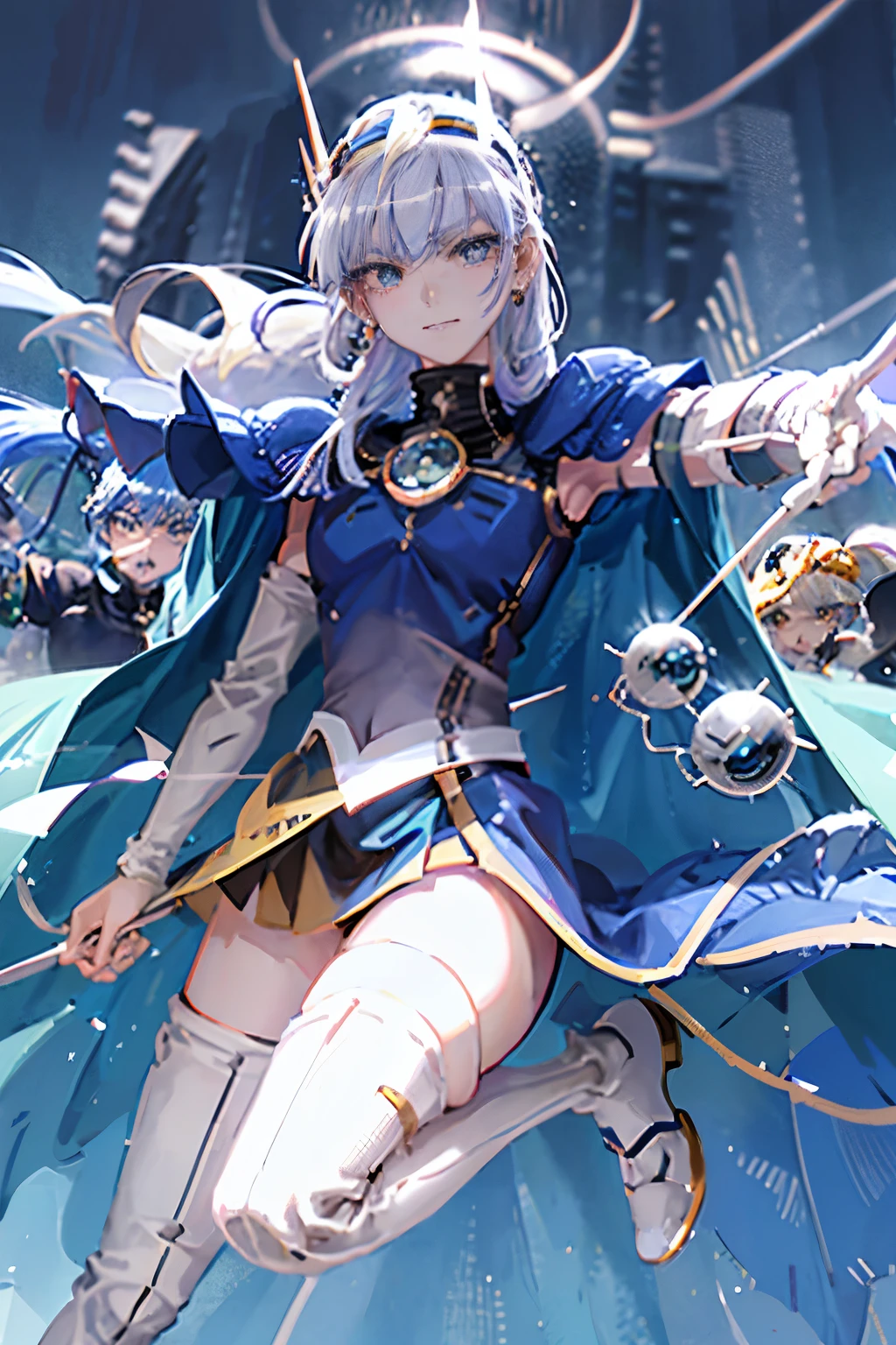 Animation, Knight Rayearth, 8k, high resolution, 21-year-old cool Korean, big round chest, armored over white shirt, blue, tie ribbon, blazer, skirt, knee-high white Nissax, beautiful eyes, long eyelash, beautiful double eyelids, eyeshadow, thin and long eyes, midpaku eyes, dark eye makeup, evil smile, beautiful thin legs, short hair tied back, earrings, school classroom.