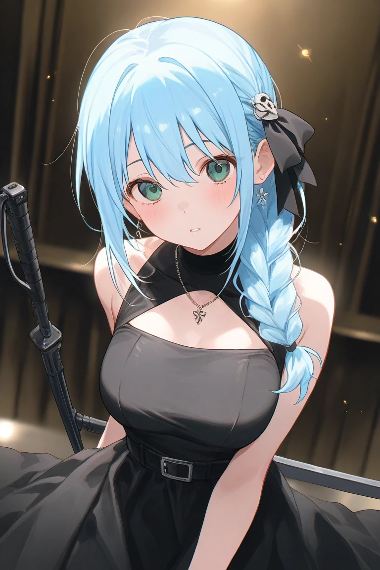 (Top Quality, Masterpiece, 8k:1.2), Ultra Detailed, High Resolution, (Anime:1.3), 1 Girl, Solo, EPsoaSinon, Short Hair, Light Blue Hair, Detailed Jewel Eyes, Hair Between Eyes, (Hair Accessory:1.2), Hair Clip, Side Locks, ((corset,plaid skirt,)), dynamic Angle, Cowboy Shot,looking at viewer,