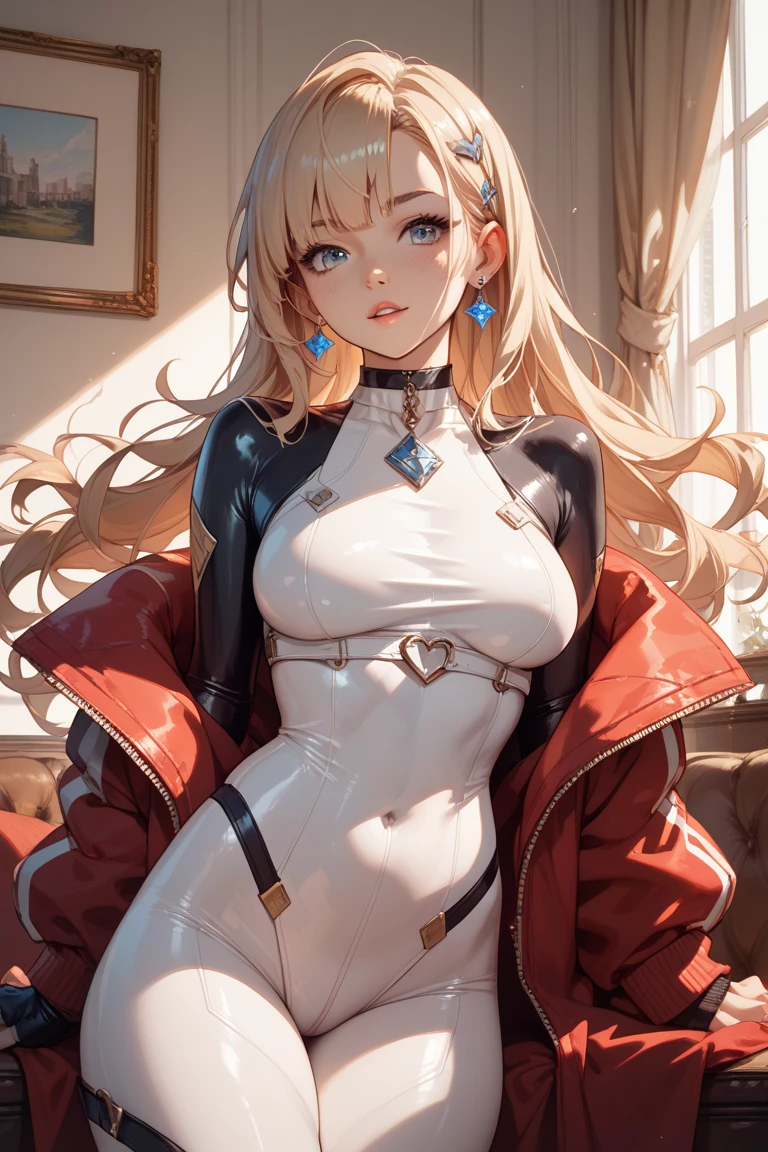 Masterpiece, beautiful art, professional artist, 8k, very detailed face, very detailed hair, very detailed clothes, 1 girl, solo, ((long wavy white hair)), (blue_eyes), beautiful_face, long_eyelashes, natural_eyebrows, ((red latex suit)), sitting, looking_at_viewer, diamond_earrings, large breasts, pale_skin, flirty smile, sultry eyes, perfect lips