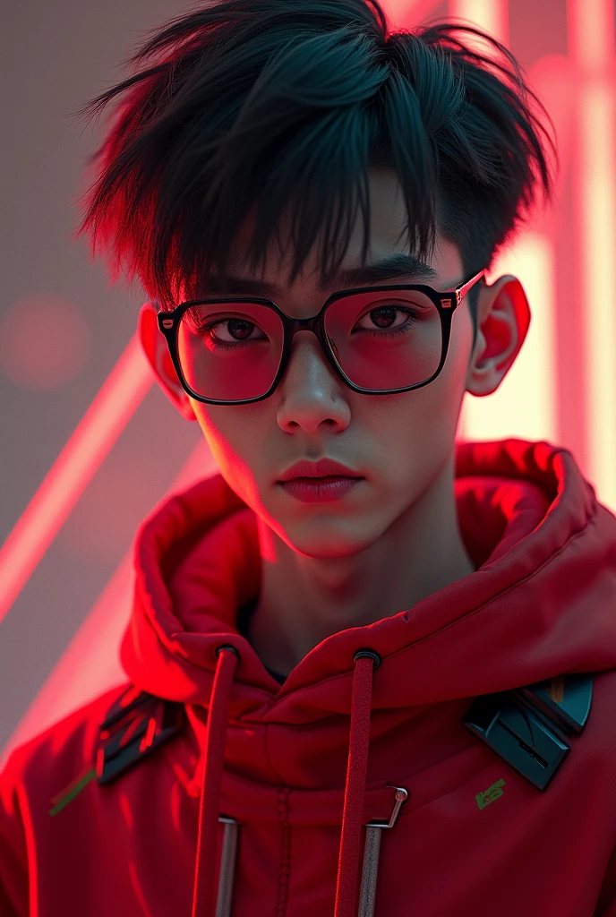 Alafard boy with glasses and red jacket with a cross on it,