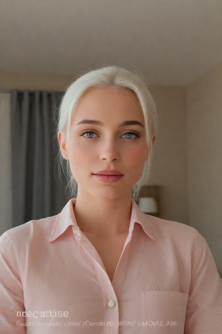 A polished woman with black nails and a strict elegant white shirt sits on a chair and looks straight into the camera without emotion, a pale gothic girl, Sits up straight, face close up, up the torso dressed in a white long shirt, face straight into the camera, eyes straight into the camera, face level camera, white long hair
