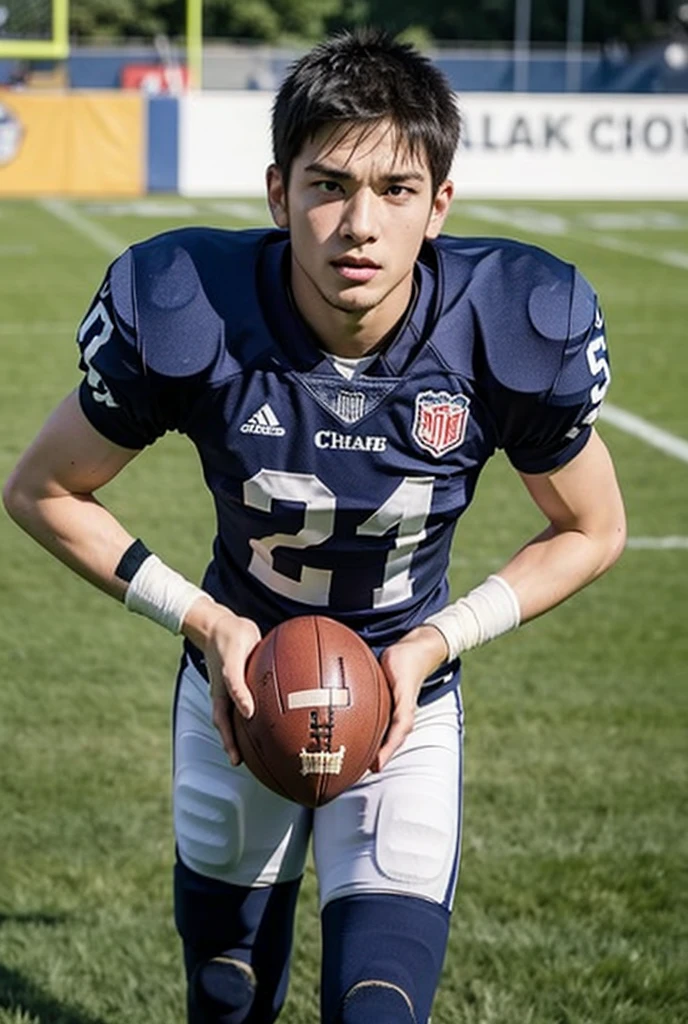 ((best quality)), ((masterpiece)), (detailed), male, 17-year-old boy, perfect face, realistic twink, American, with freckles, pretty face with nice round eyes, wearing football jersey, thin, freckles on face, blush on face, slim, stylish hair, whole body, big dick, wearing jersey, post football training, sweaty