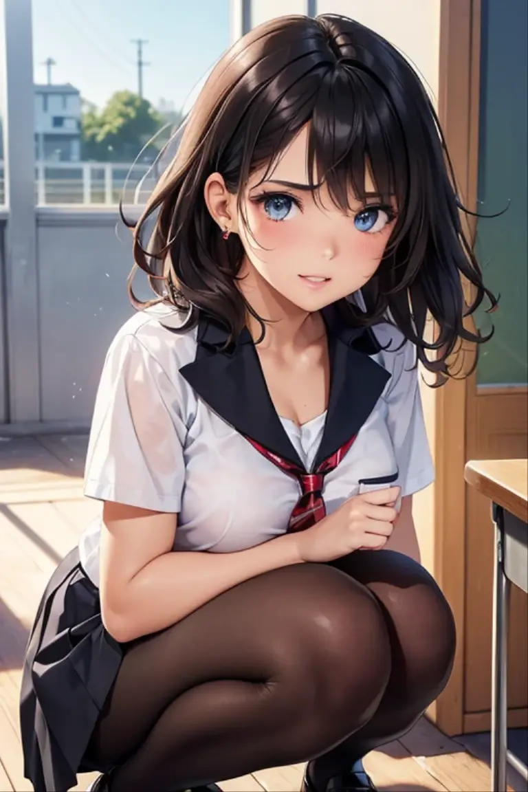 In one girl、smile、fun、High school blazer with popular design、shirt、pleated skirt、white skirt、(small breasts)Crouching panty shot、