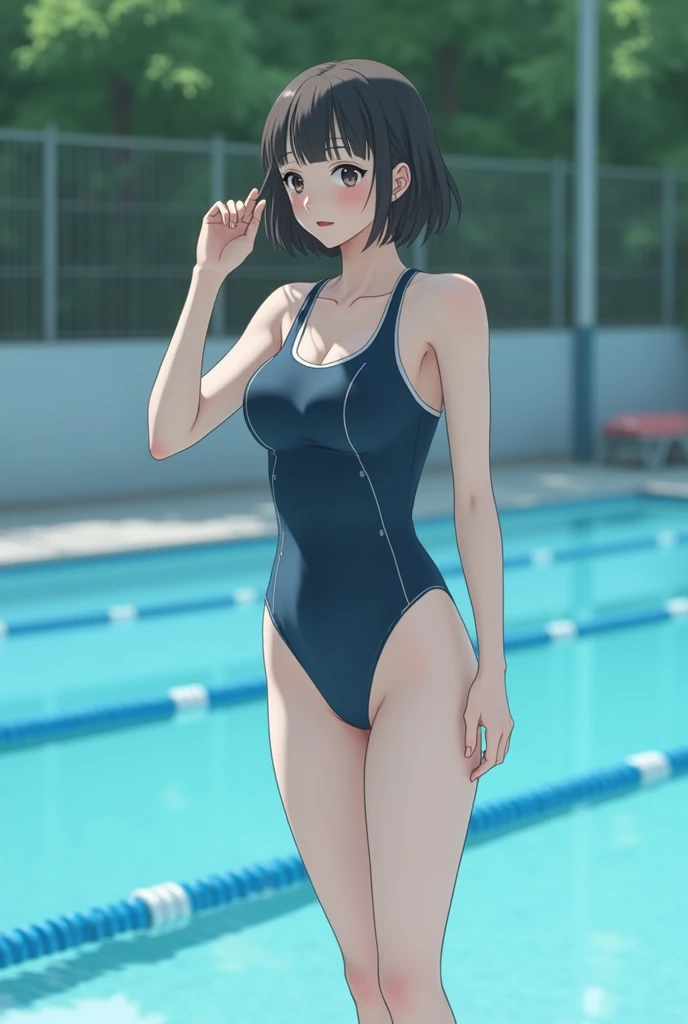 (masterpiece, top quality), 1 girl, bob cut, blunt bangs, black hair, smile, brown eyes, braid, school swimsuit, blue sky, pool, insight, front view, sunshine