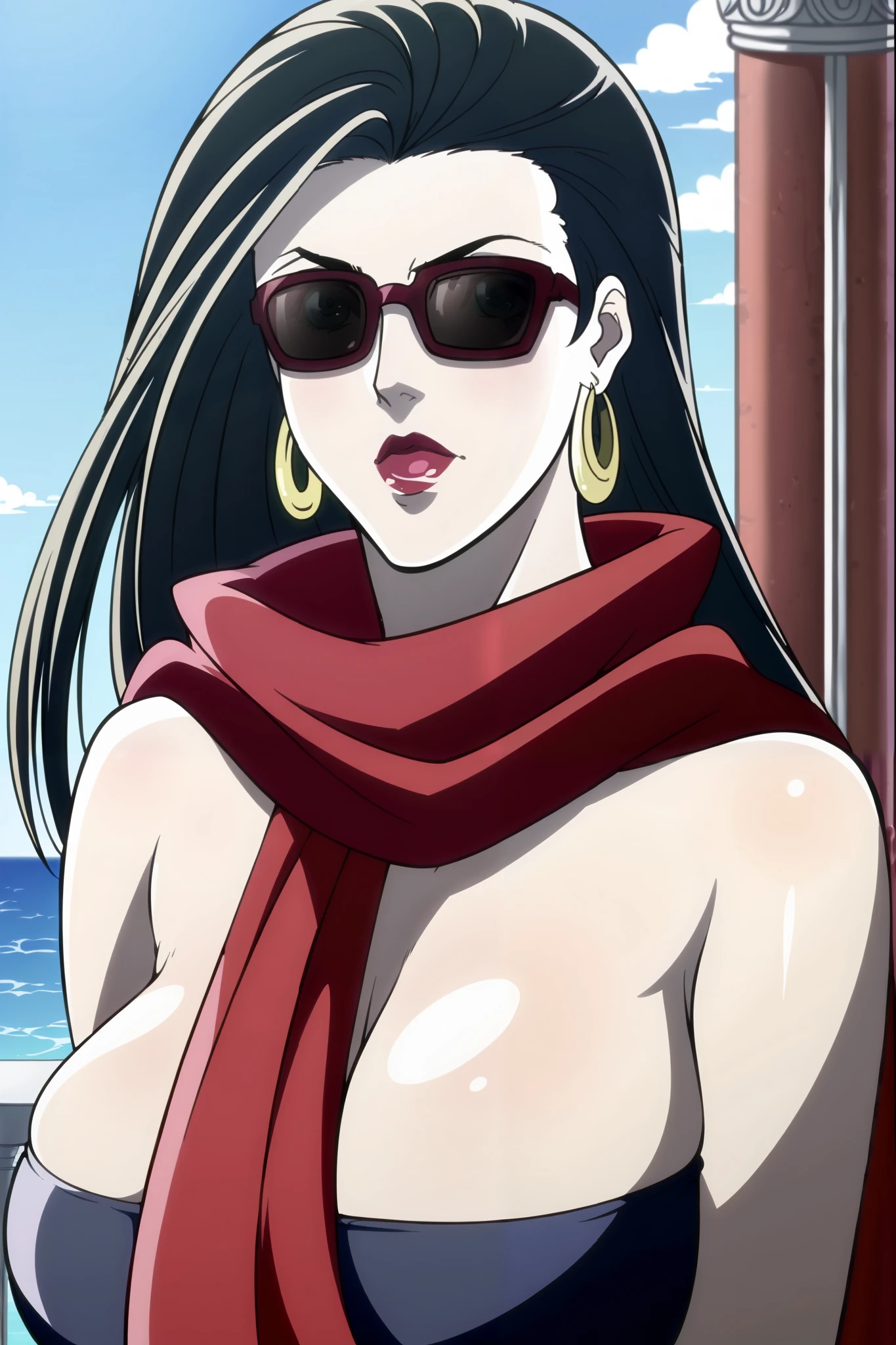 female focus, sunglasses, red lips, lisalisa, score_9, score_8_up, score_7_up, score_6_up, 1girl, solo, earrings, red scarf, red scarf, hoop earrings,portrait, ultra gigantic breasts, lisalisadress, mature female, medium breasts, clevage, detailed, indoors, terrace, balcony, pillar, sky, clouds, ocean,