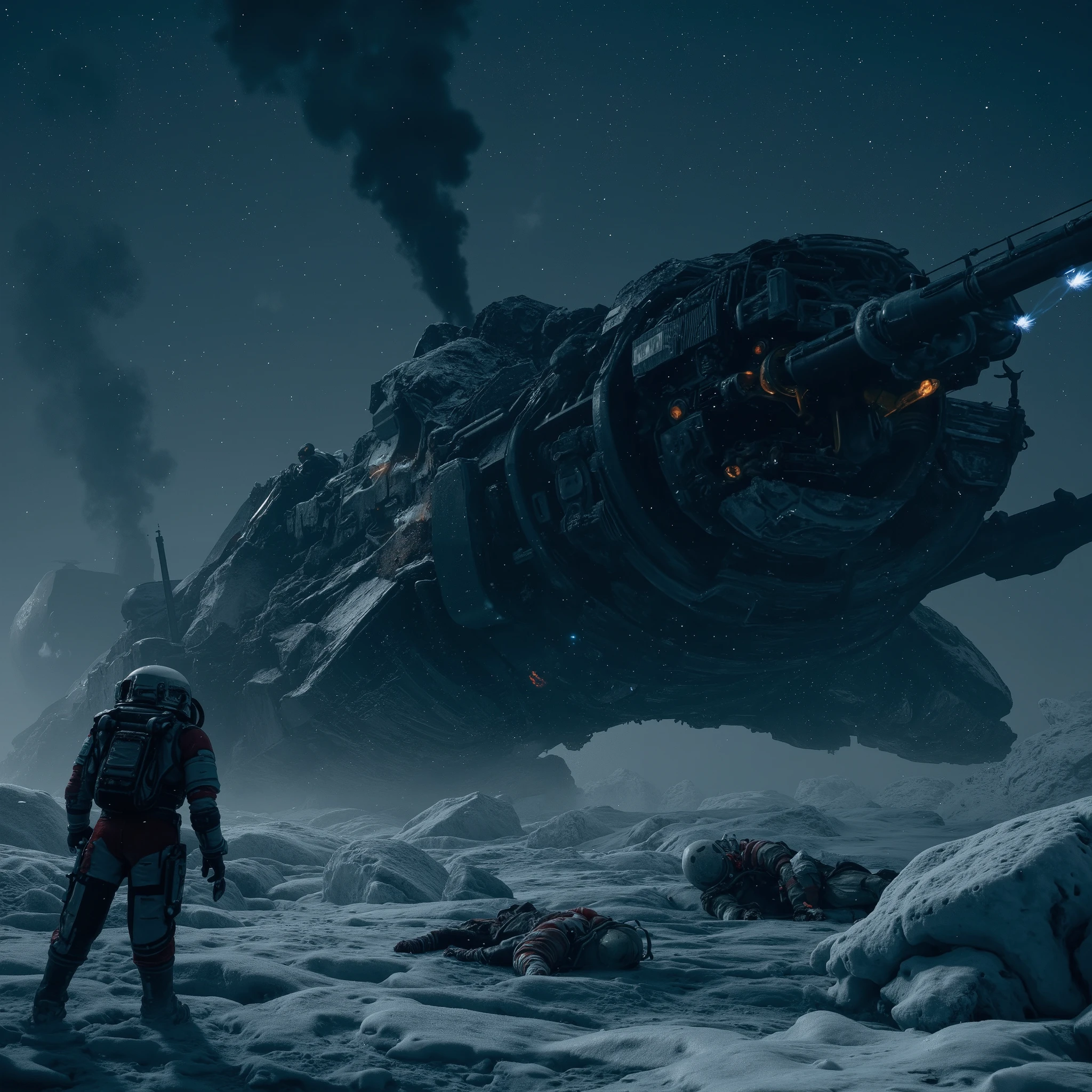 Highquality photorealistic belowview of the crumbled ruins of a threatening dark military spaceship crashed down onto a dark icy alien planet surface with bizarre rock and ice formations, broken into two halfs, partly deformed, full of big bumps, inmidst a snowstorm by night, blowing snow, heavy snowdrift, crashed metal structures, tubes and hoses, some flames and blue electric sparks between the ruins of the ship, thick clouds of black smoke rising out of the wreck. Several completely frozen astronauts in closed spacesuits and helmets are lying dead on the ground. ((((highly detailed)))), UHD, 16K