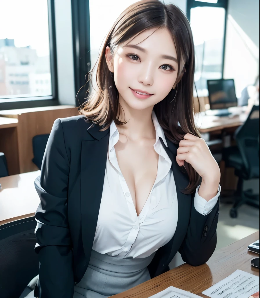 ((Show me your crotch)))、(((The camera clearly shows her panties under her skirt)))、(((The camera clearly shows her panties under her skirt)))、((Businesswoman)),((((Realistic))))、(((highest quality))),((Very detailed))、highest quality、1 female,(((Japanese))),8k、Very detailedな,(((A 20-year-old woman with a cute idol-like face))).。Please smile kindly。Building Offices, sitting in an office chair, Cleavage,RAW Photos Genuine live-action Life