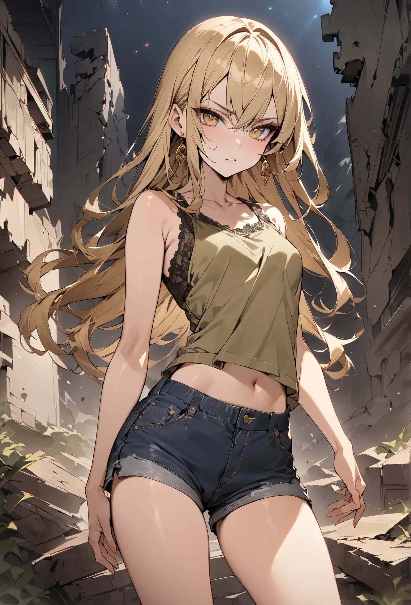 ((greatest masterpiece,Super high quality:1.2)),(super resolution),(solo),cowboy shot(front),night,A slender female high school student with small breasts and thin legs standing at the ruins,beautiful face,(long blonde hair),perfect golden eyes,staring at you,serious expression,high quality khaki tank top, high quality denim shorts ,lace-up sandal heels,gold earrings