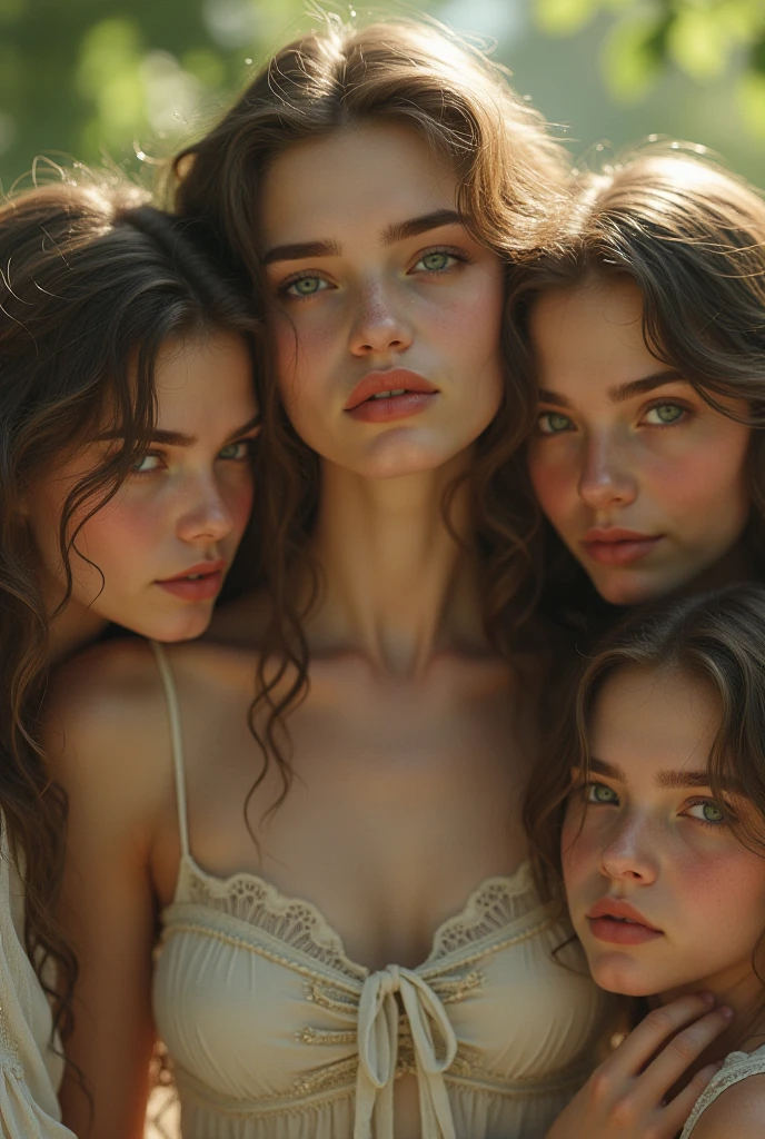 three very thin young nude female teenager who looks anorexic gazing sadly into the camera lens. Smiling face. the girl's body is similar to that of a pubescent.with a crucifix around his neck. They are squatting under a shower.