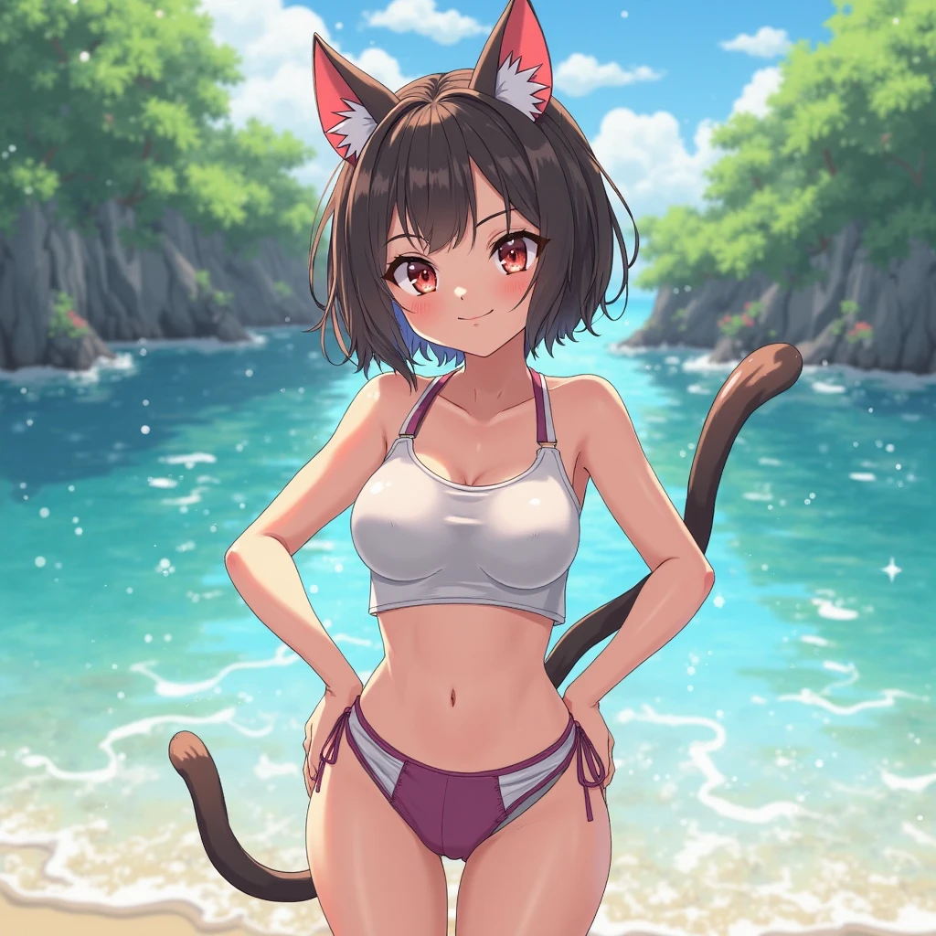 .......... 16 years old, horny lusty smile Cat girl ( cat ears medium length shaggy brown hair with one 1 short braid, brown cat tail, yellow eyes, big tits )))........ Sexy red red bikini...... on the beach