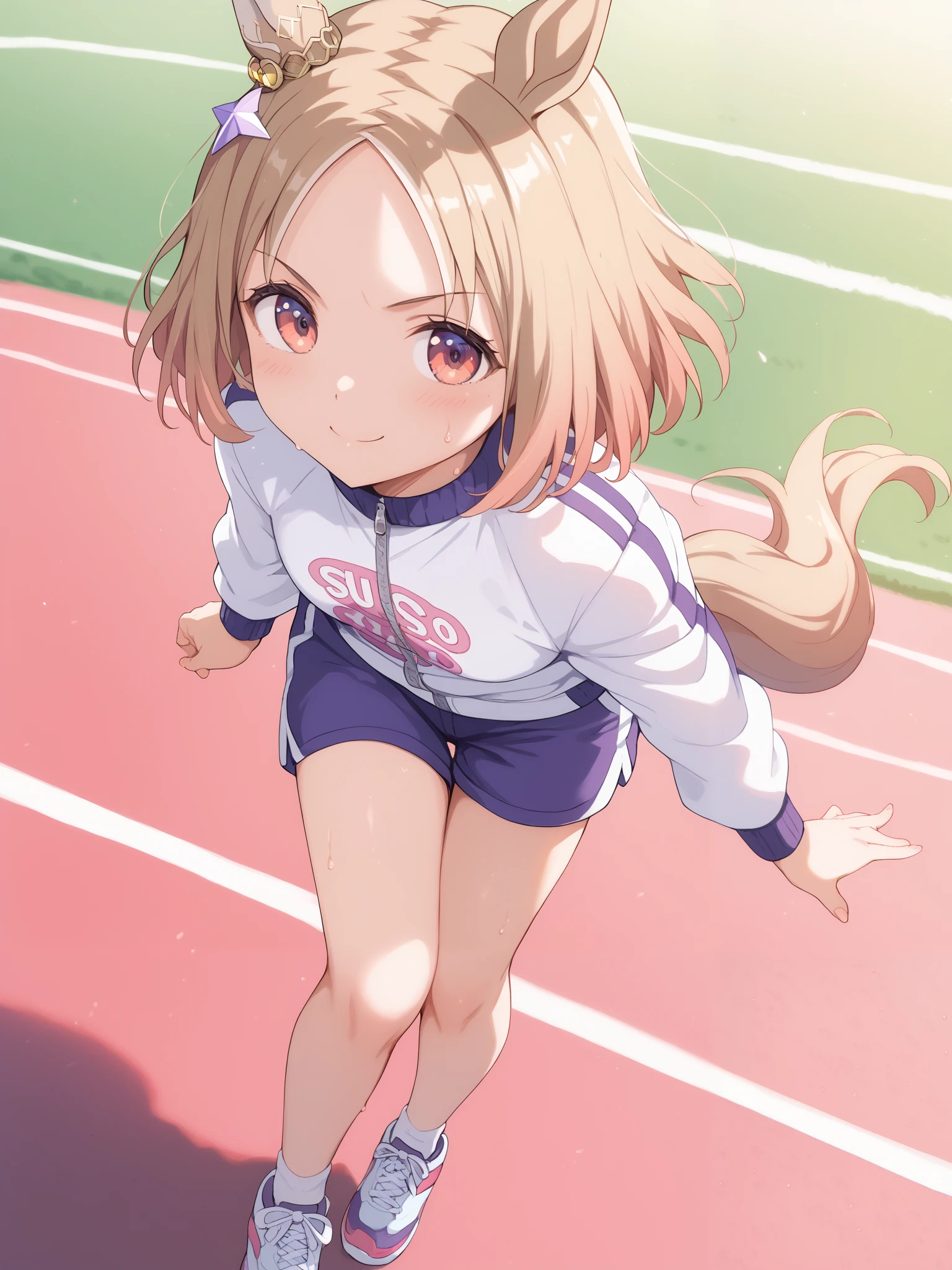 Narita, horse tail, short hair, animal ears, ear ornament, ear covers, single ear cover,1 girl, Alone, anime style,cute girl,Best Quality, super detailed, anime style,8k, high resolution, detailed face, Character's Upgraded Image,((racecourse lawn)),((running)),(serious face),(sweat on the boy),I'm dyeing my cheeks a little red,((white gym jacket)),((pink gym shorts)),evening,The sunset shines brightly,((Looking diagonally from the side and diagonally from above)),Above the knee images,(Smooth Thighs),character up image