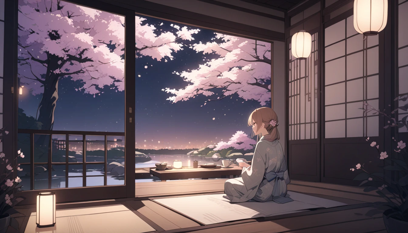 "A cozy Japanese-style room at night, illuminated by soft, warm paper lanterns. A young woman in a yukata sits by a wooden table with a cup of tea, lost in thought while listening to lofi music. The atmosphere is dreamy and nostalgic, with gentle light effects creating a soft blur. Floating musical notes and delicate ripple effects in the air visualize the soothing melody. Through the open shoji doors, a peaceful Japanese garden with cherry blossoms and a small pond reflects the moonlight. Aesthetic anime-style, warm tones, tranquil mood, soft bokeh, cinematic composition
