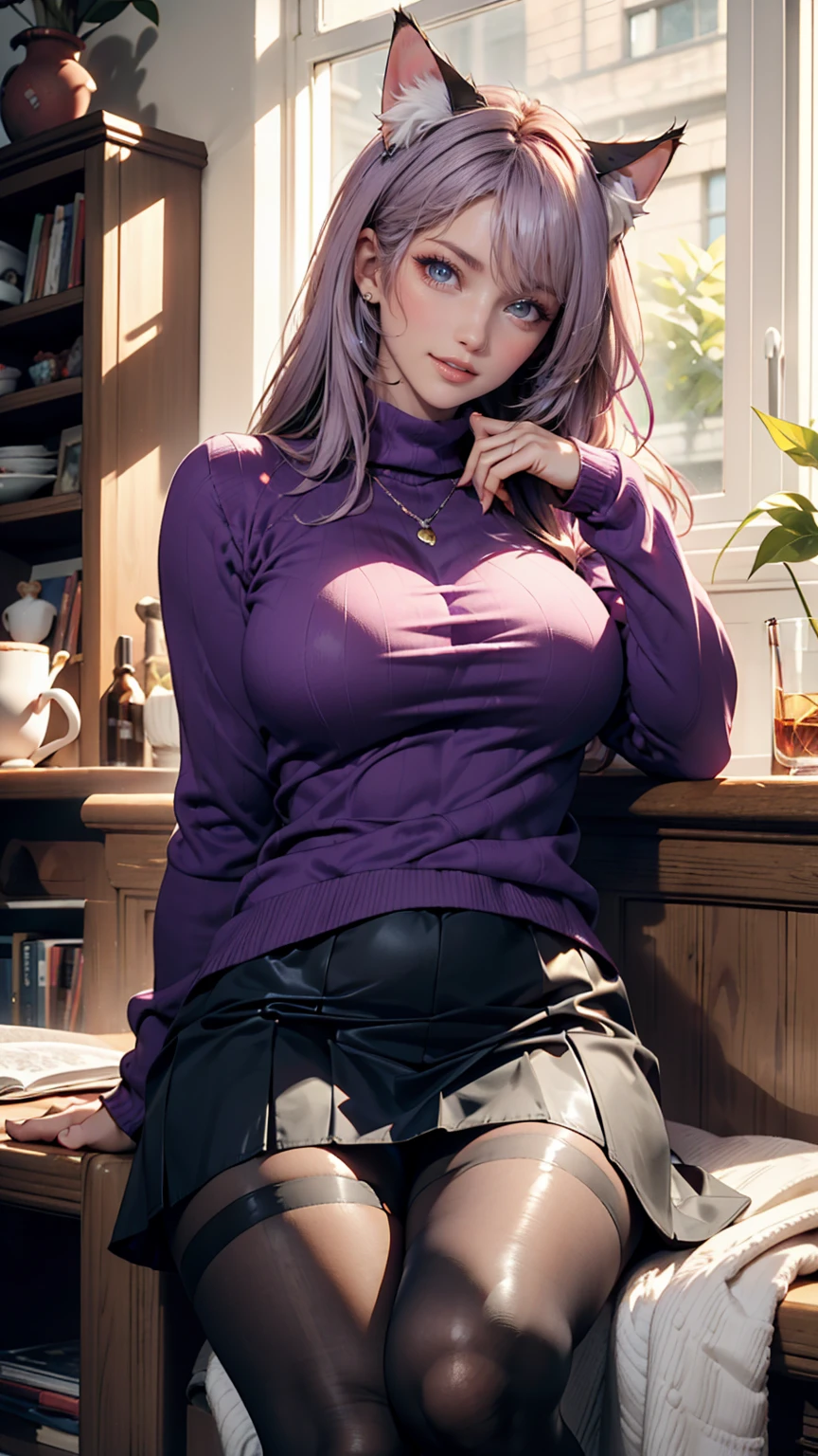 masterpiece:1.2, best quality:1.5, highly detailed, depth of field, cinematic lighting, intricate, 8k wallpaper, cg, intricate detailed eyes, glowing eyes:1.1, colorful eyes, best eyes, sharp eyes, sharp focus,
1girl1.2, (Fern (Sousou No Frieren)), ((virgin killer sweater, long sweater:1.5, sweater dress:1.5, thigh length sweater, black thigh band, turtle neck:1.2, sleeveless:1.5, side boob:1.5, side window:1.2, side cutout:1.4, hip window:1.4, hip cutout:1.2)), BREAK
((large breasts:1.1, very small waist:1.4, wide hips:1.4, thick thighs:1.2, glossy lips:1.5)), BREAK
((expressive face, large eyes:1.5, expressionless:1.4, long hair, bangs, (purple eyes:1.1), purple hair, long sidelocks:1.2, blunt bangs:1.2, (bright pupils:1.5), hair down:1.4, blunt hair)), BREAK
((indoors:1.5, yellow lighting:1.2, fantasy tavern scenery:1.5, wooden furniture, wooden table:1.2, wooden beer mug on table:1.5)),
((sitting:1.5, on chair:1.2, from the side:1.4, arms raised:1.2, armpit, looking at viewer:1.2, cowgirl shot:1.5)),
fern